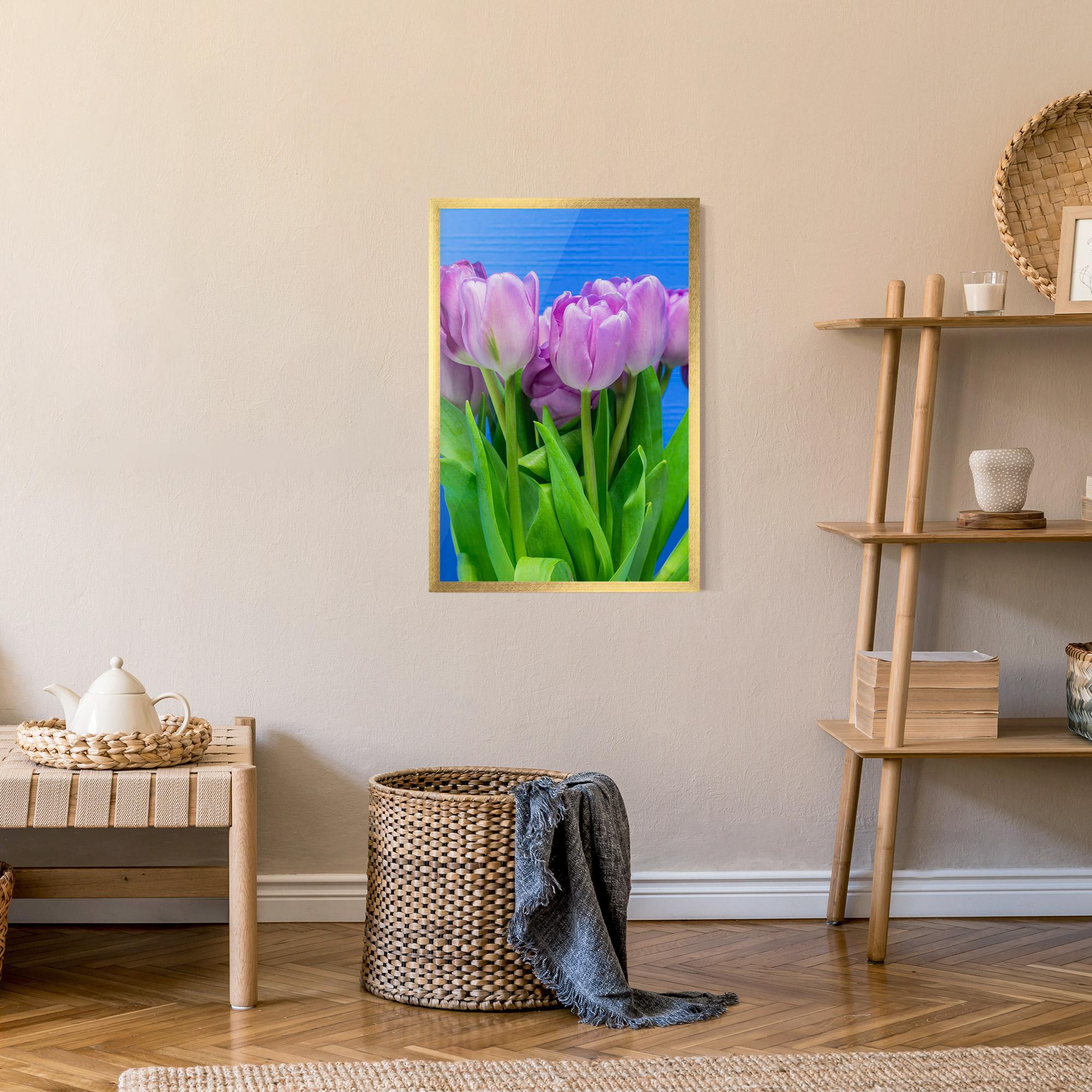 Poster Înrămat Purple Tulips On Blue mockup 9