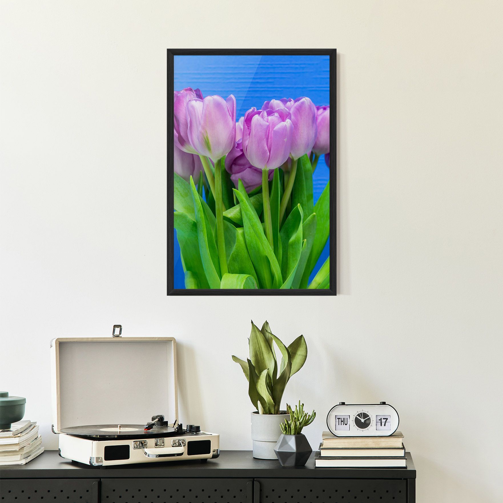 Purple Tulips On Blue mockup 2