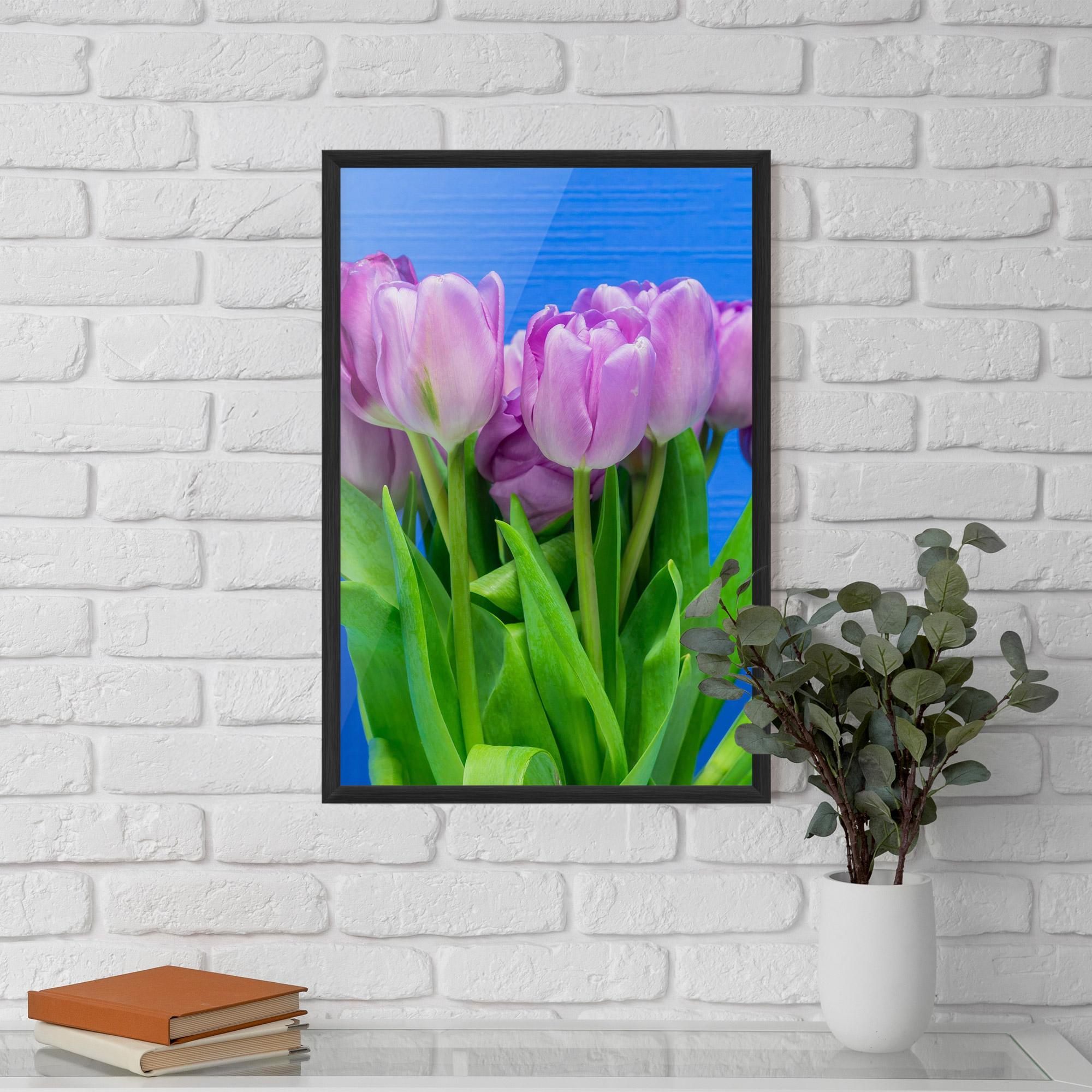 Poster Înrămat Purple Tulips On Blue mockup 5