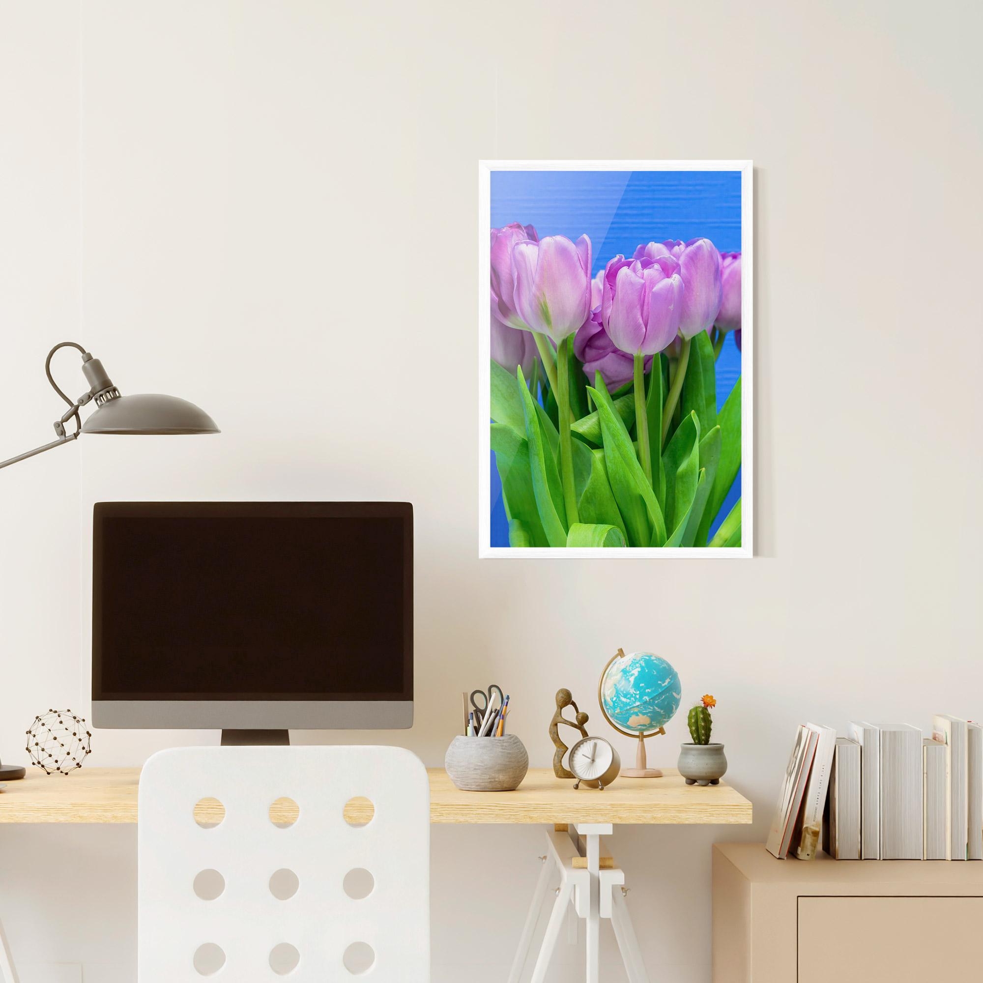 Poster Înrămat Purple Tulips On Blue mockup 6