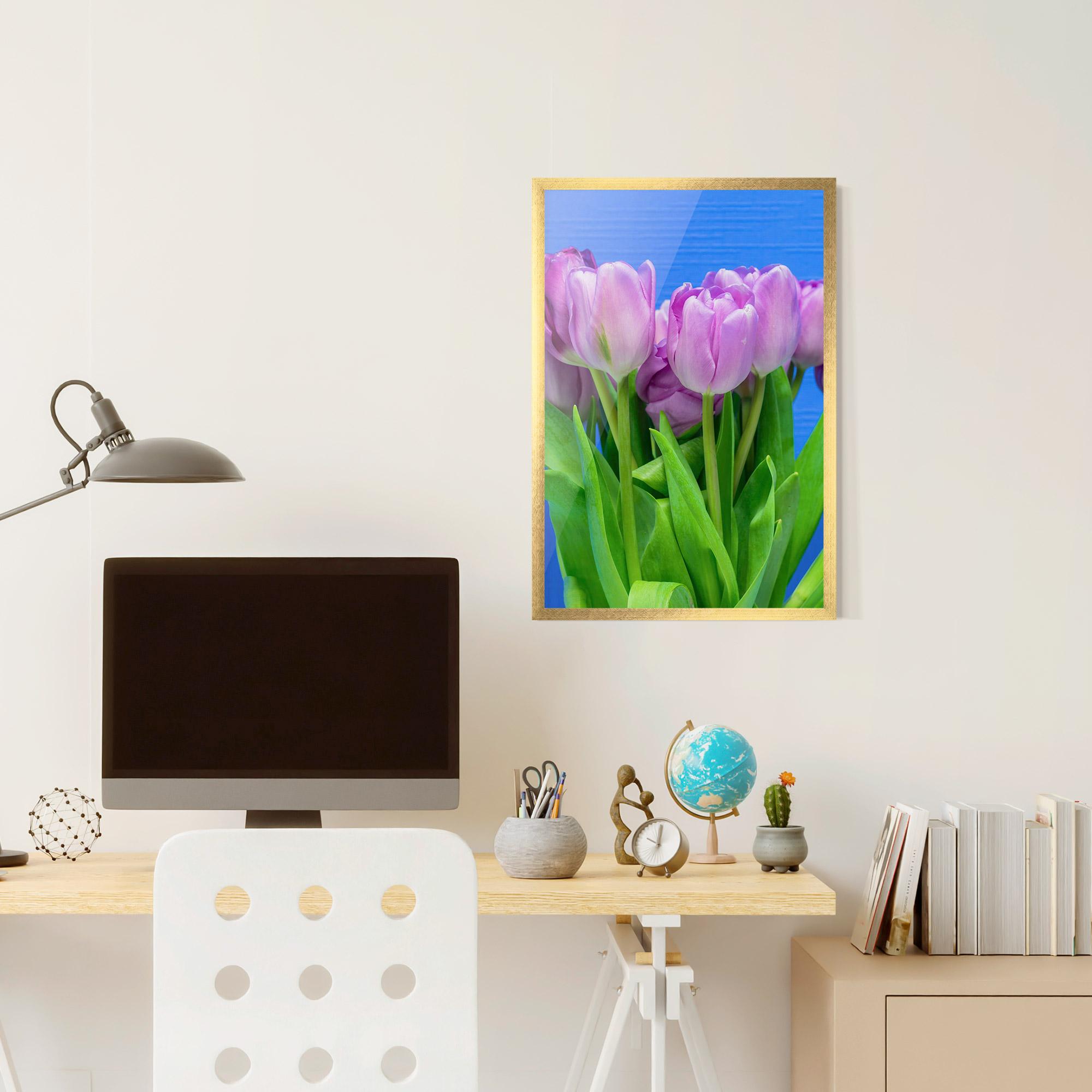 Poster Înrămat Purple Tulips On Blue mockup 6