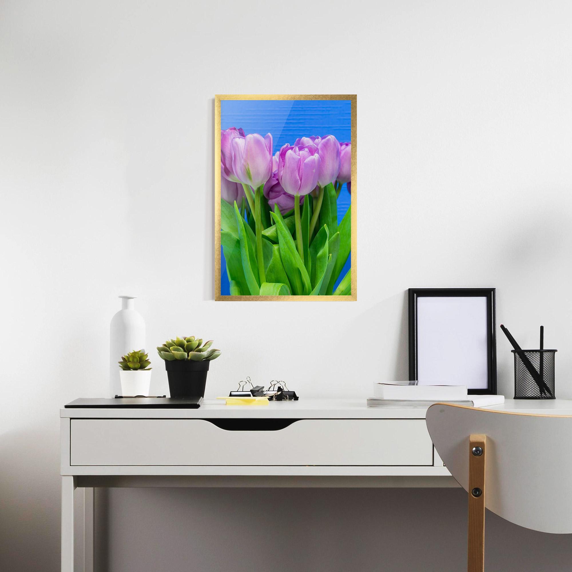 Poster Înrămat Purple Tulips On Blue mockup 7