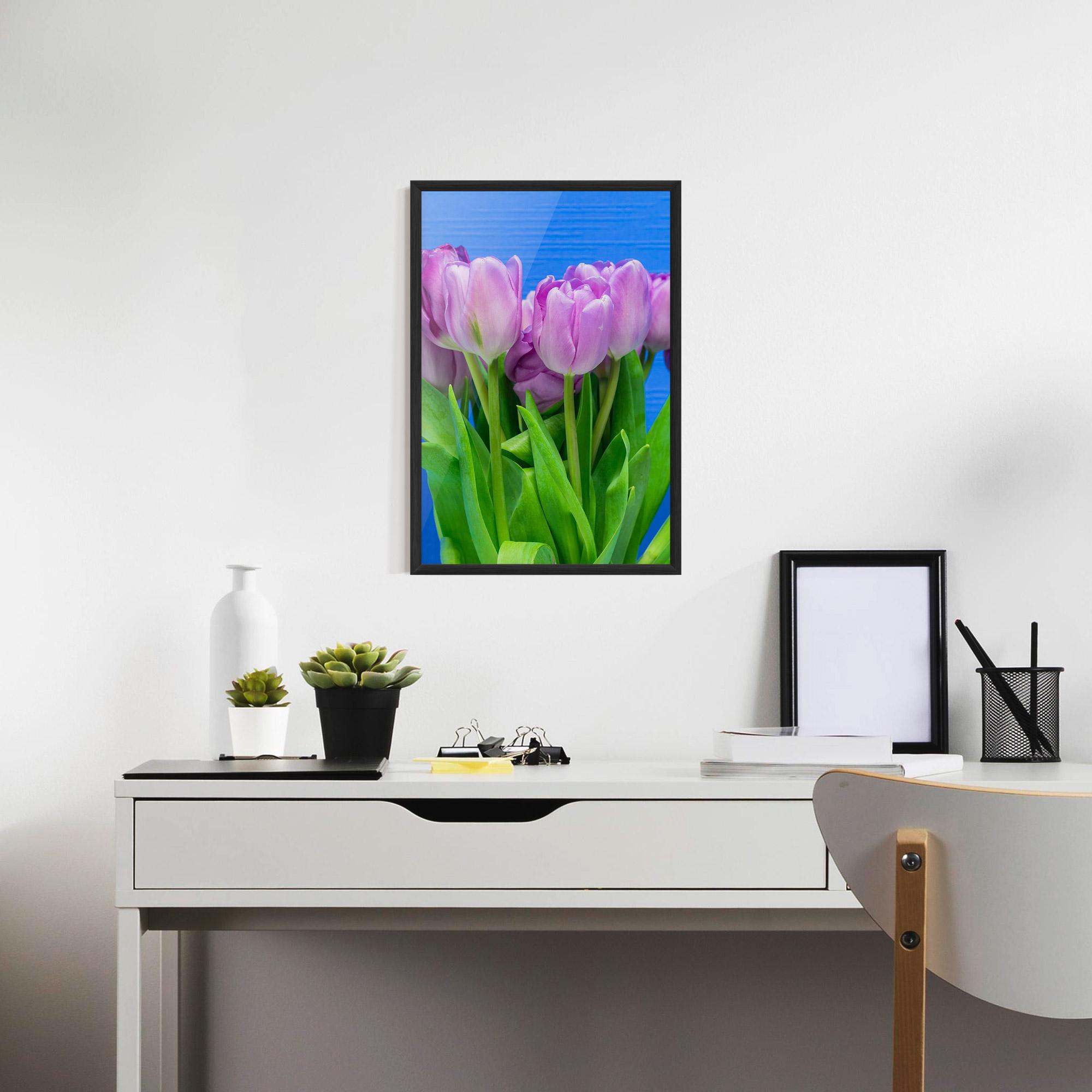 Poster Înrămat Purple Tulips On Blue mockup 7