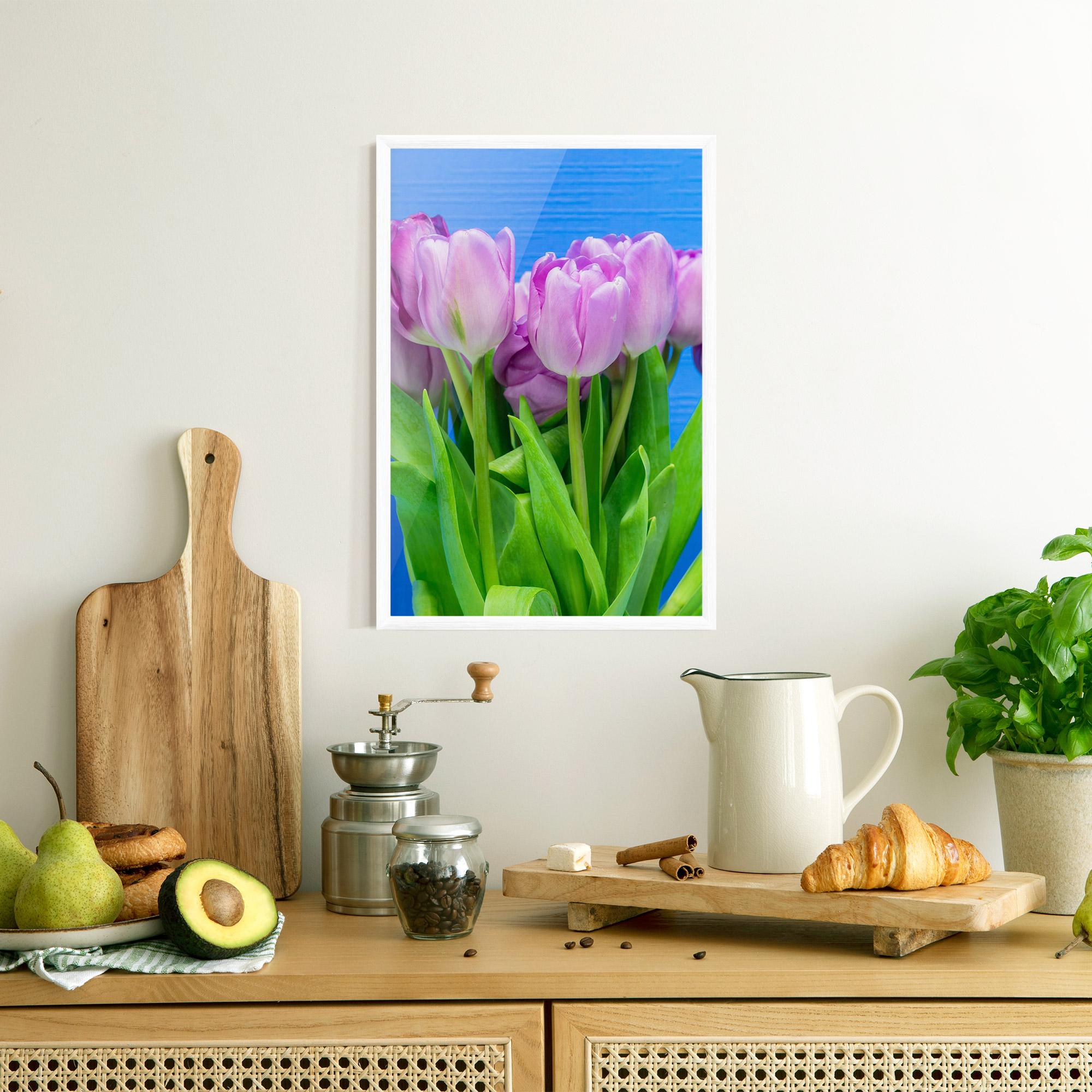 Poster Înrămat Purple Tulips On Blue mockup 8