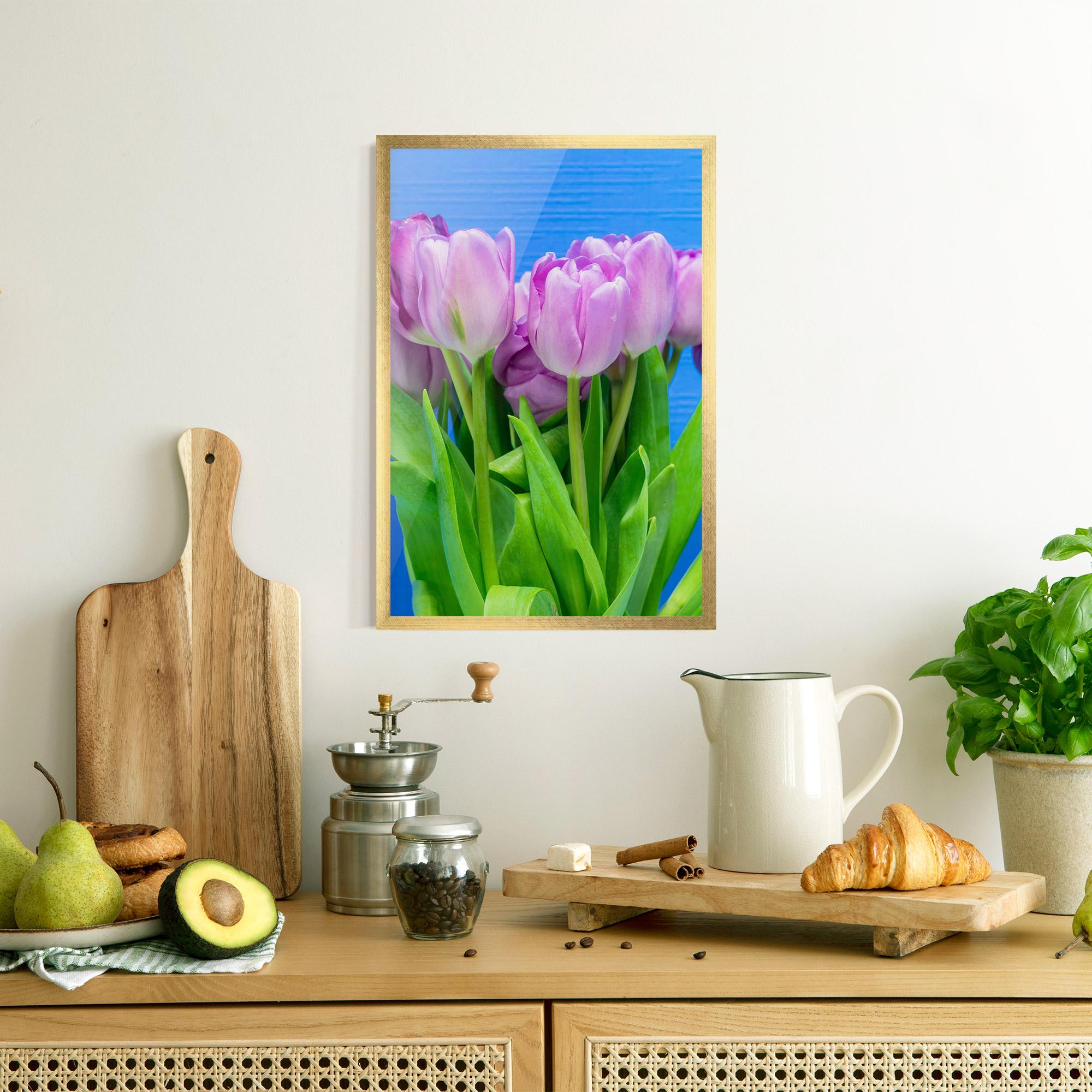 Poster Înrămat Purple Tulips On Blue mockup 8
