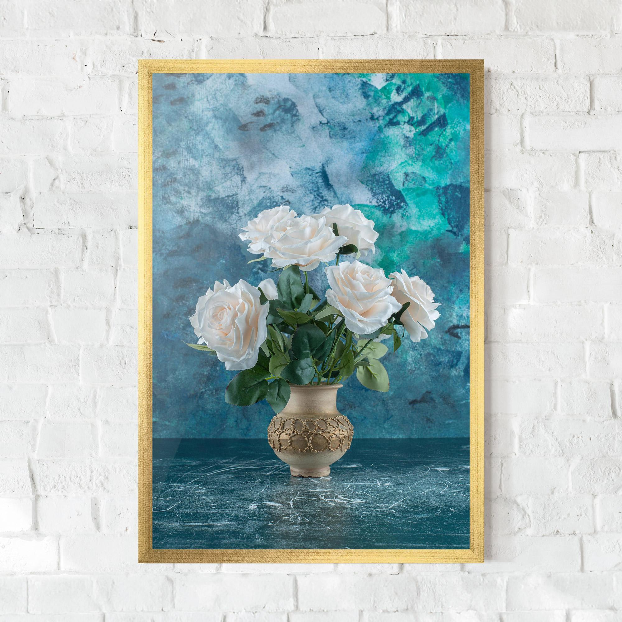 Poster Înrămat White Roses On Blue mockup 0