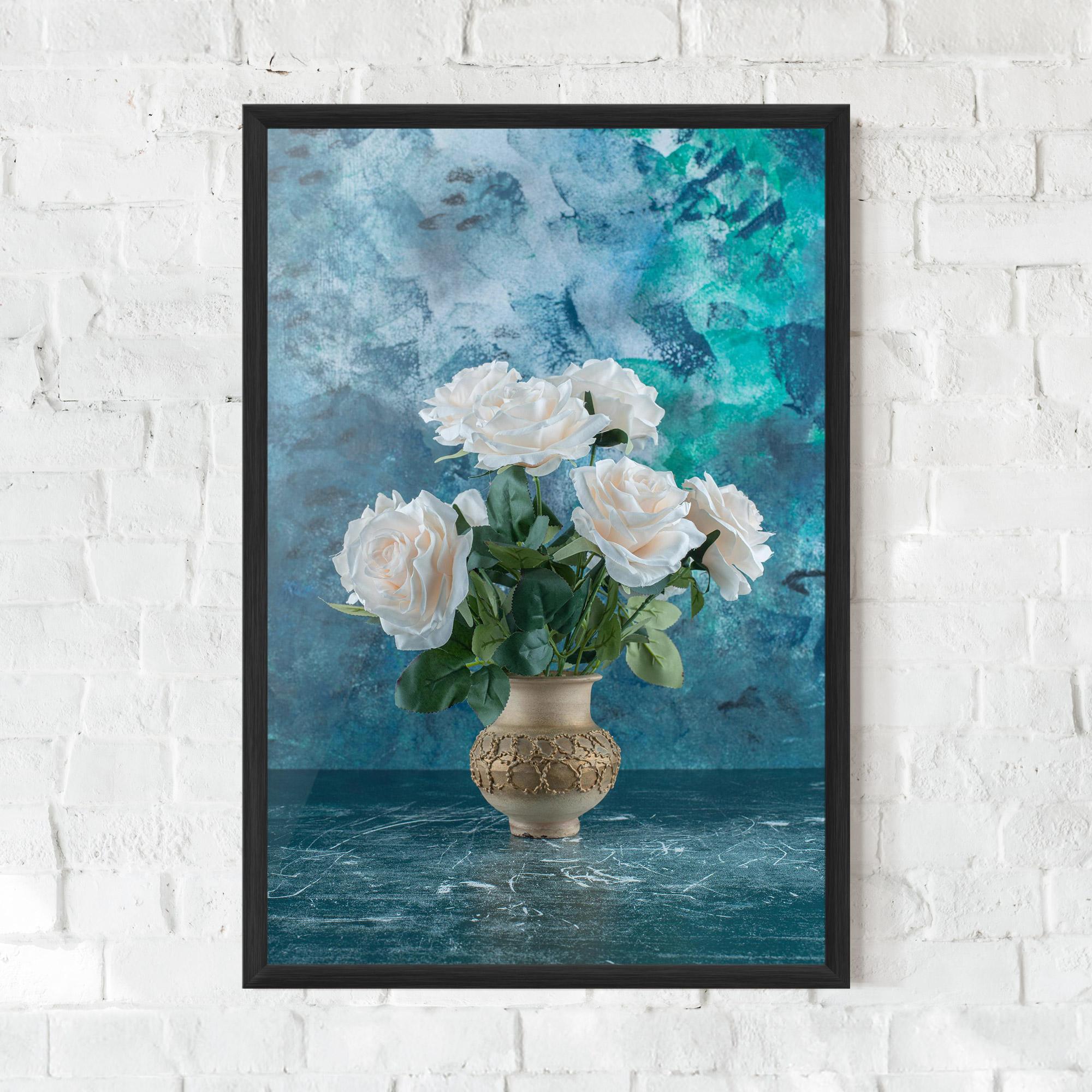 Poster Înrămat White Roses On Blue mockup 0