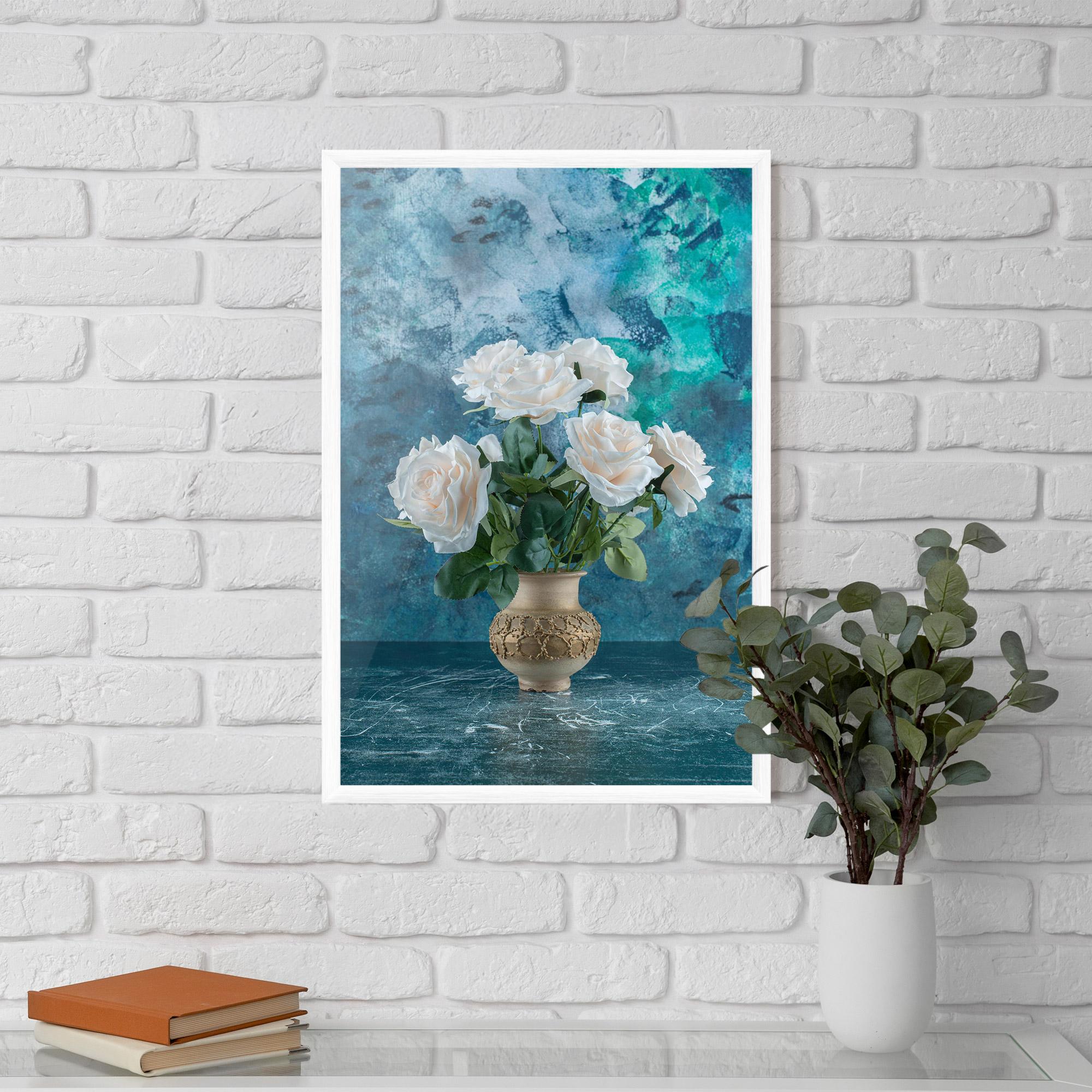Poster Înrămat White Roses On Blue mockup 5