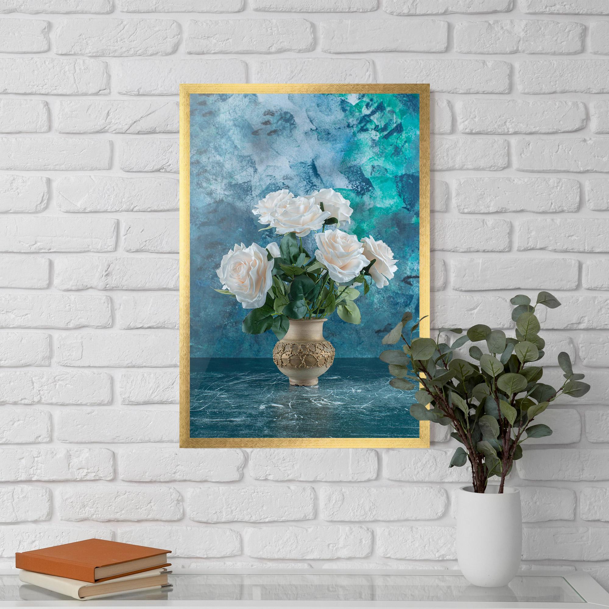 Poster Înrămat White Roses On Blue mockup 5