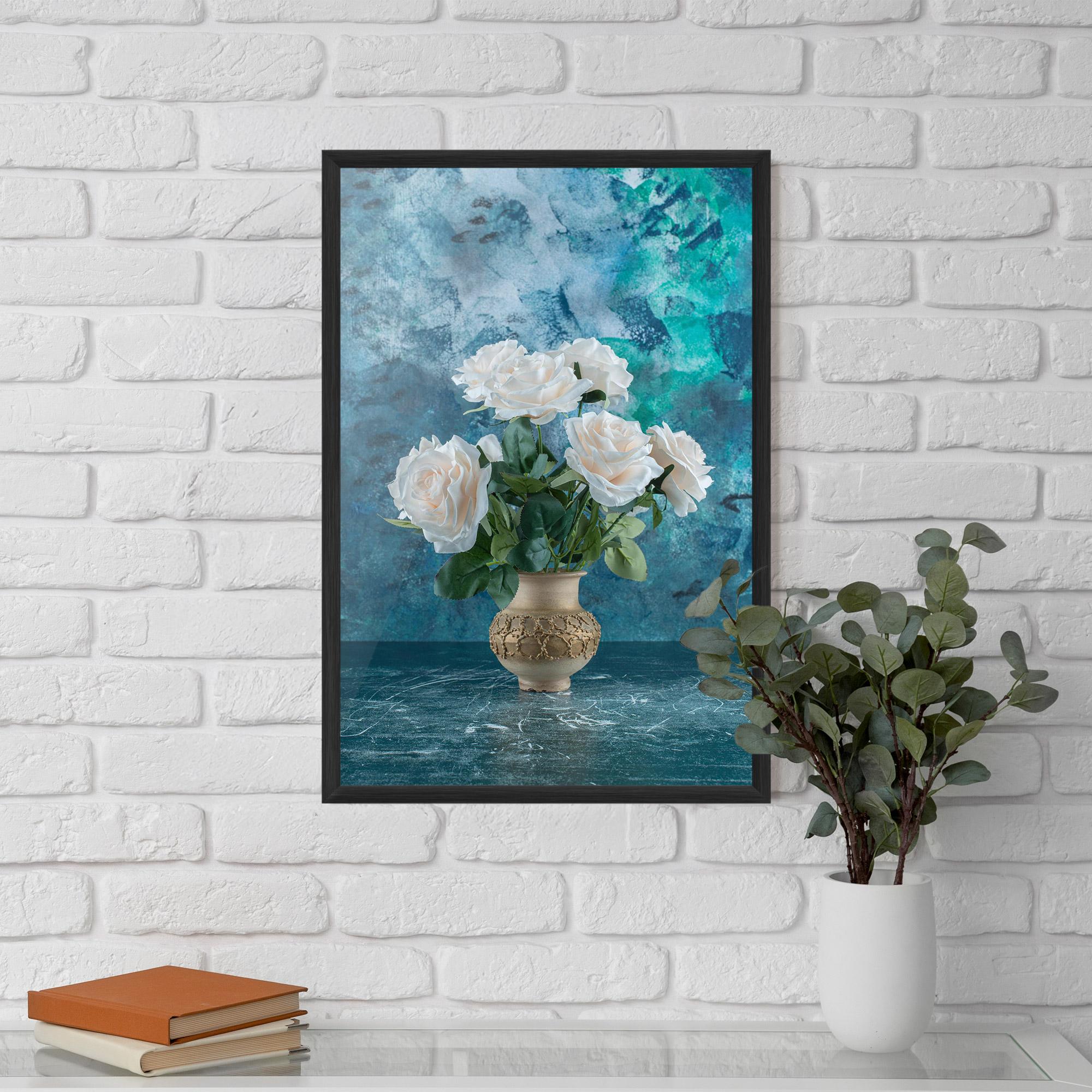 Poster Înrămat White Roses On Blue mockup 5