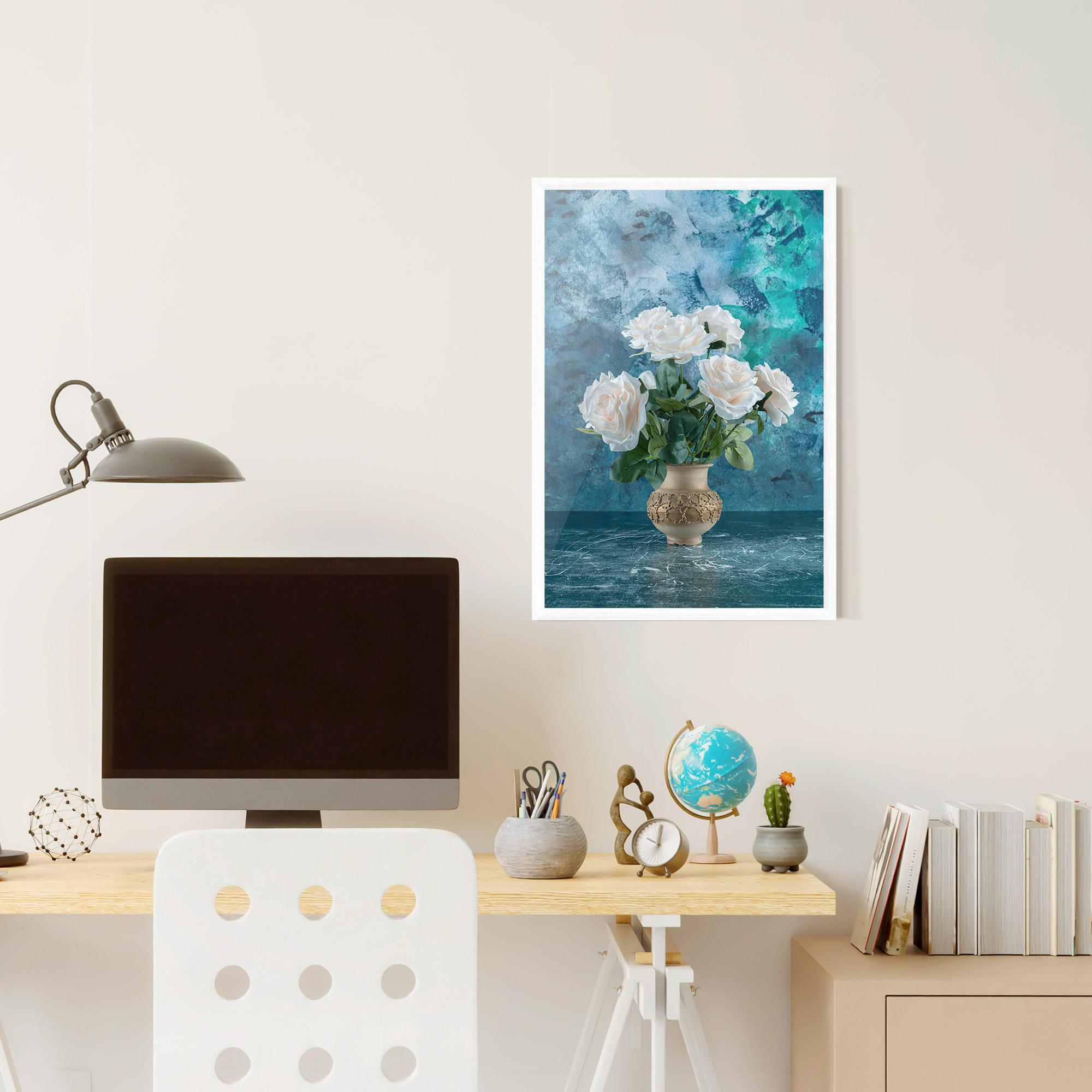Poster Înrămat White Roses On Blue mockup 6