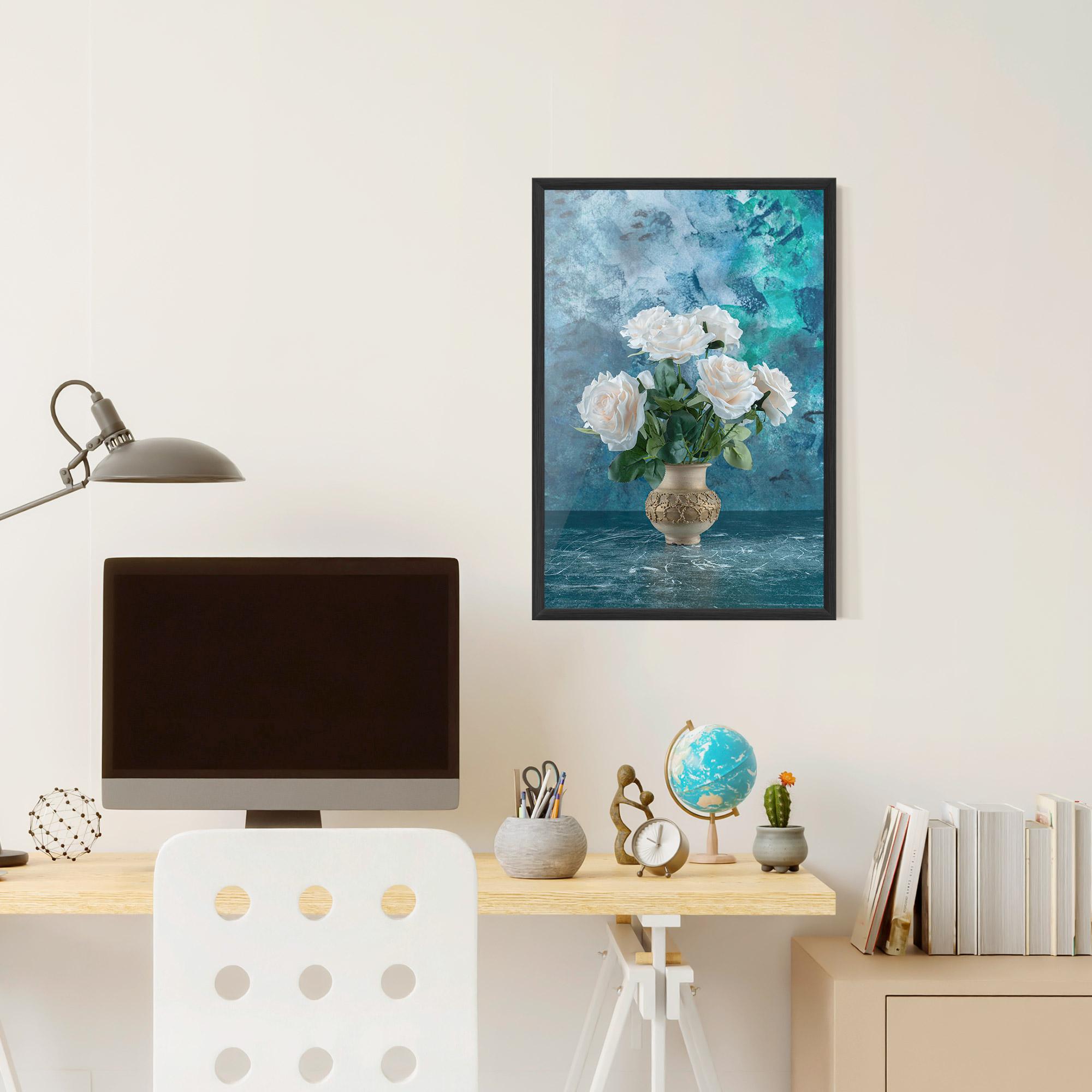 Poster Înrămat White Roses On Blue mockup 6