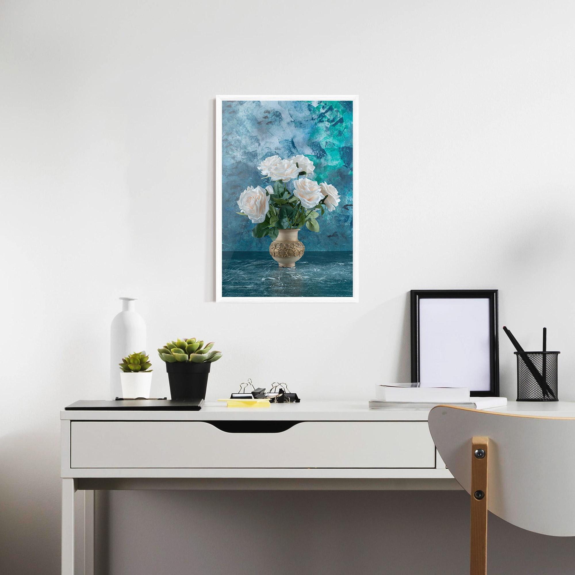 Poster Înrămat White Roses On Blue mockup 7