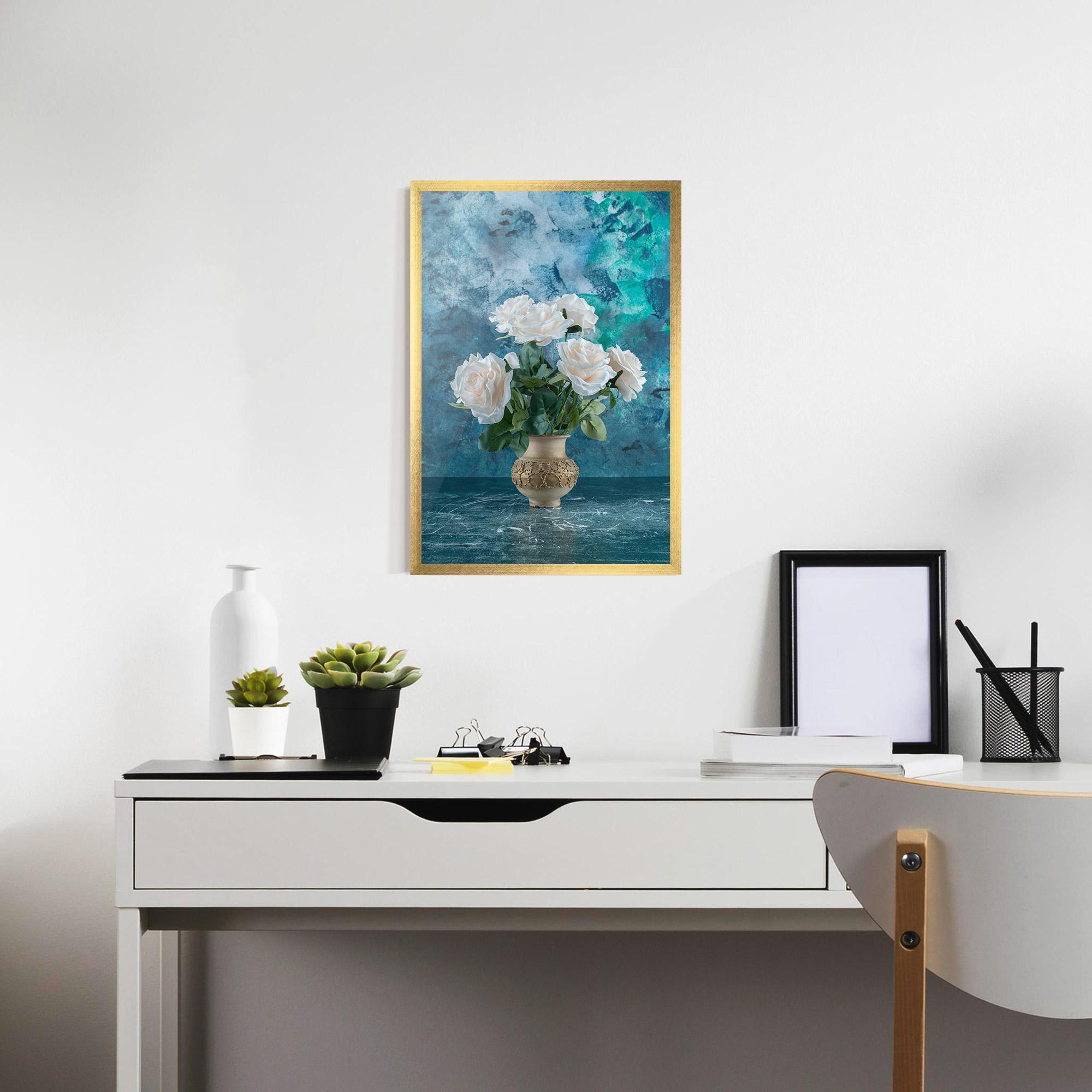Poster Înrămat White Roses On Blue mockup 7