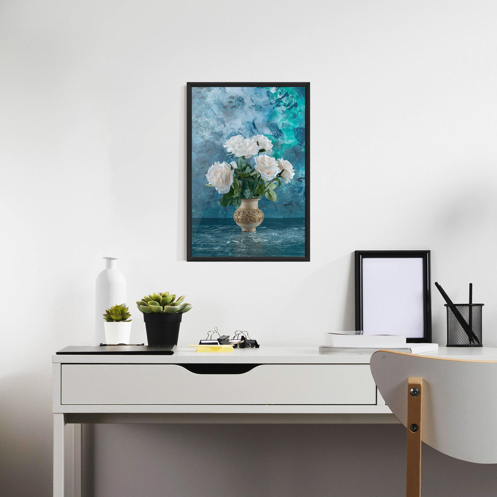 Poster Înrămat White Roses On Blue mockup 7