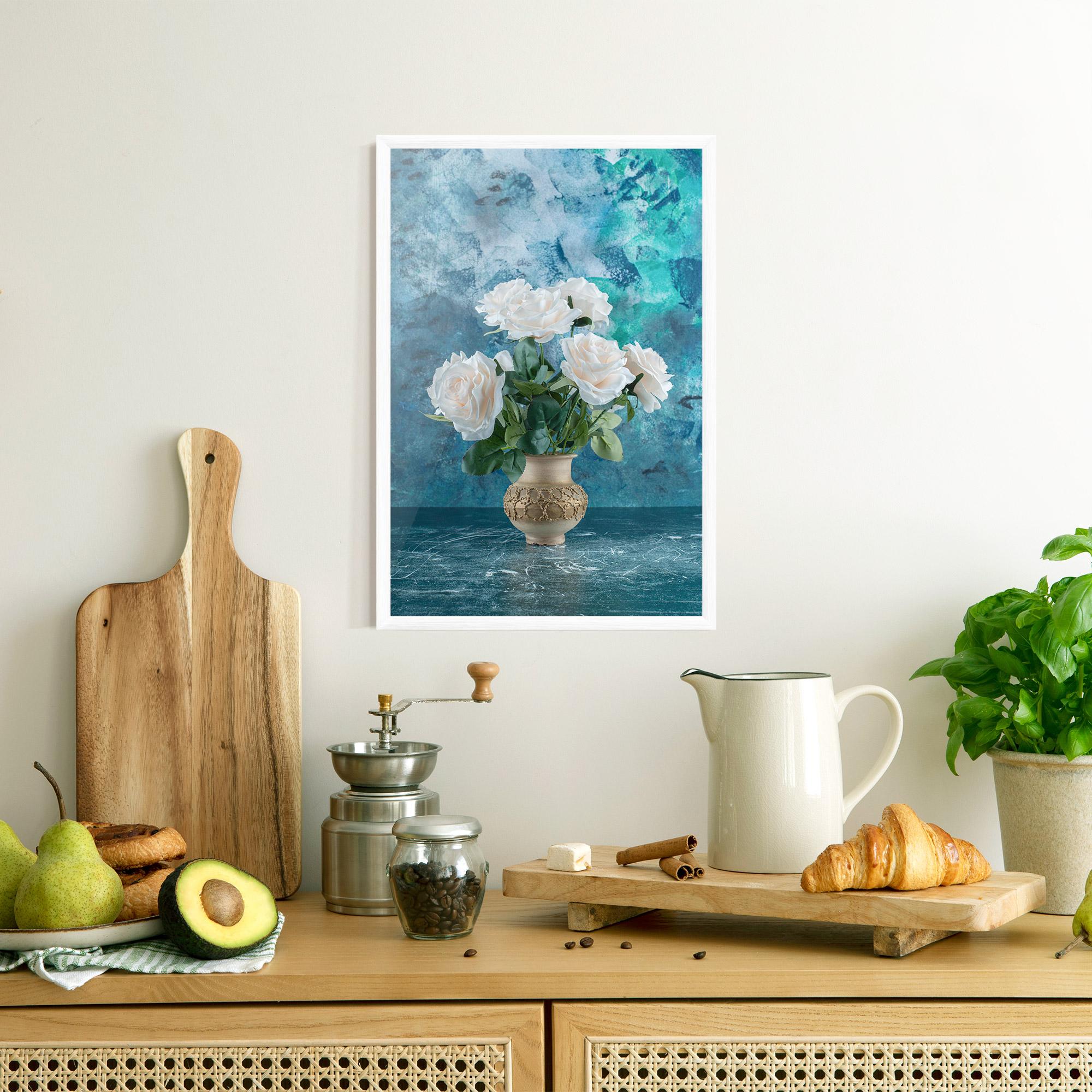 Poster Înrămat White Roses On Blue mockup 8