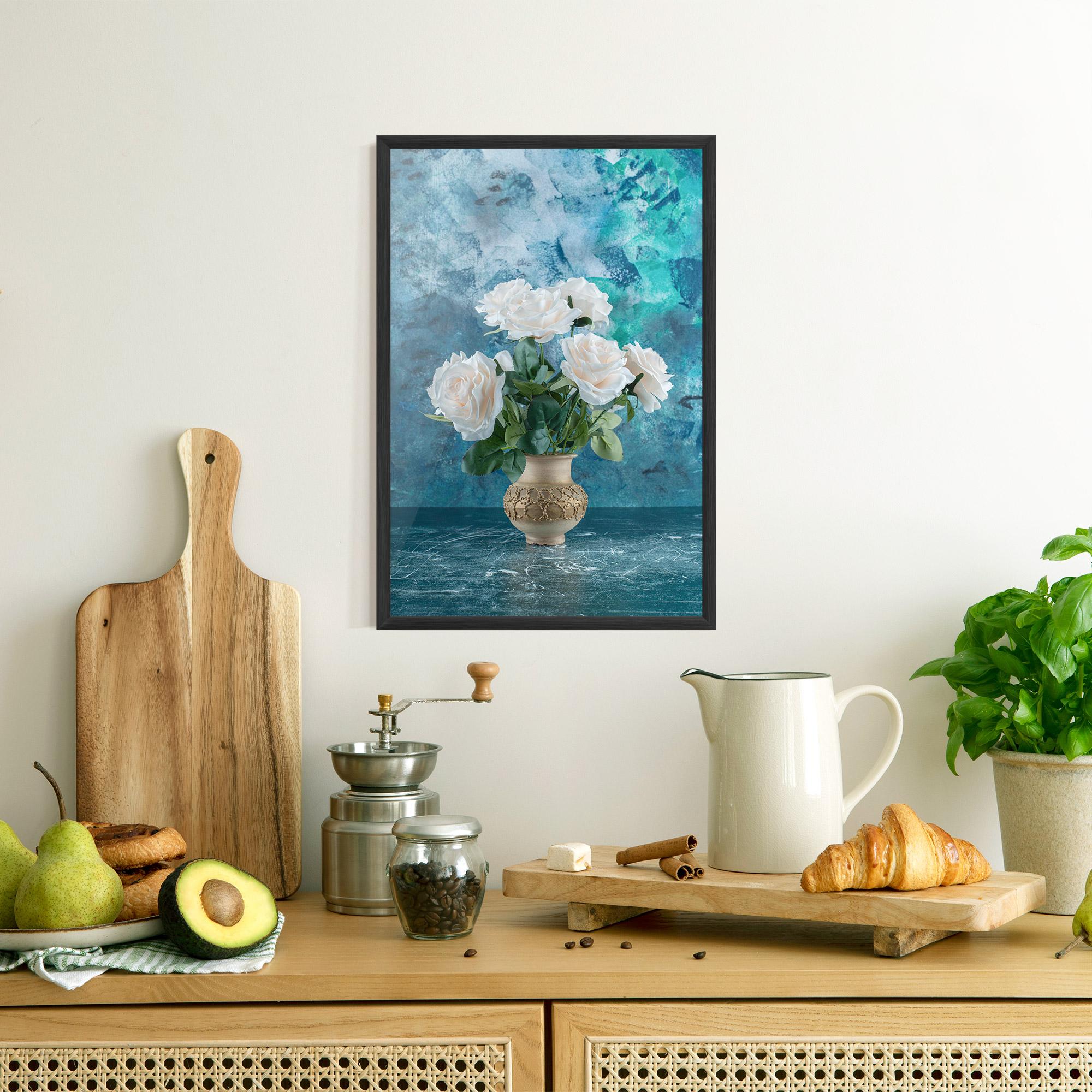 Poster Înrămat White Roses On Blue mockup 8
