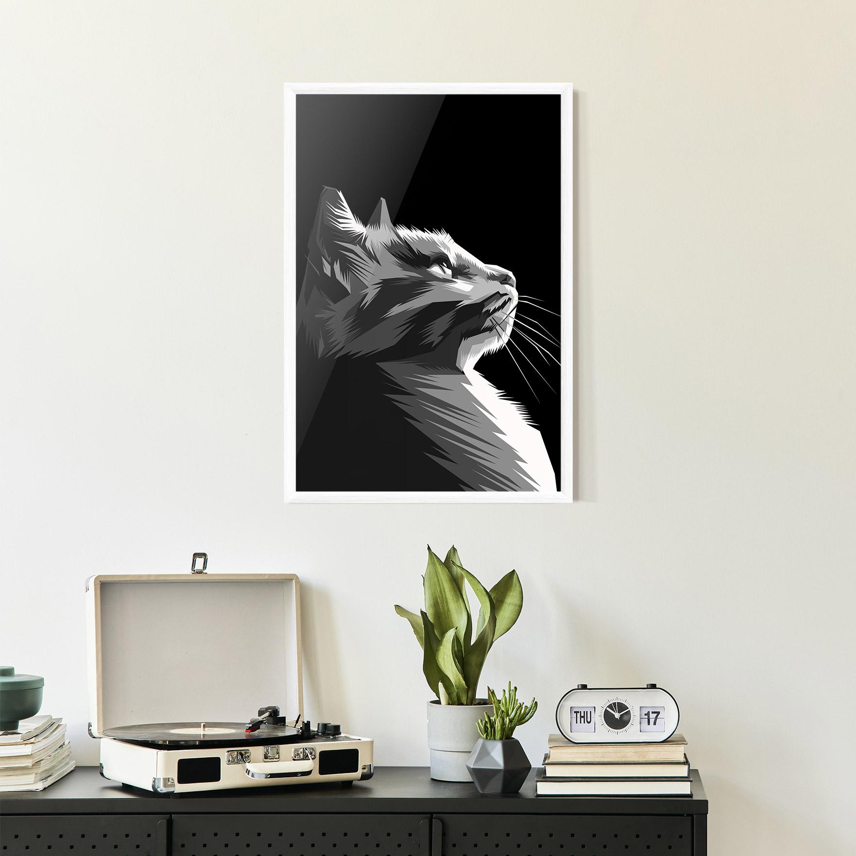 Poster Înrămat Grey Cat On Black mockup 2