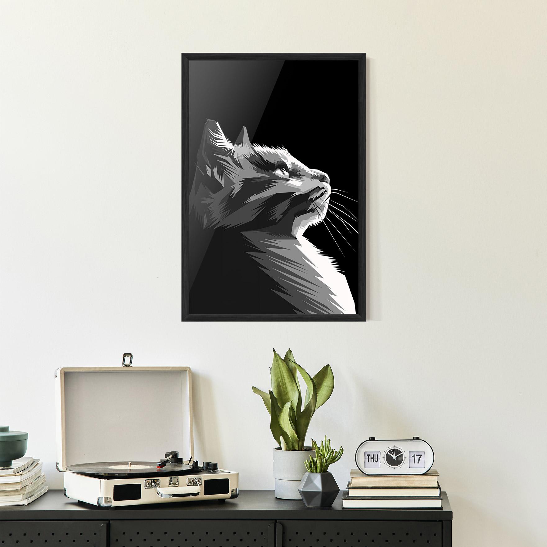 Poster Înrămat Grey Cat On Black mockup 2