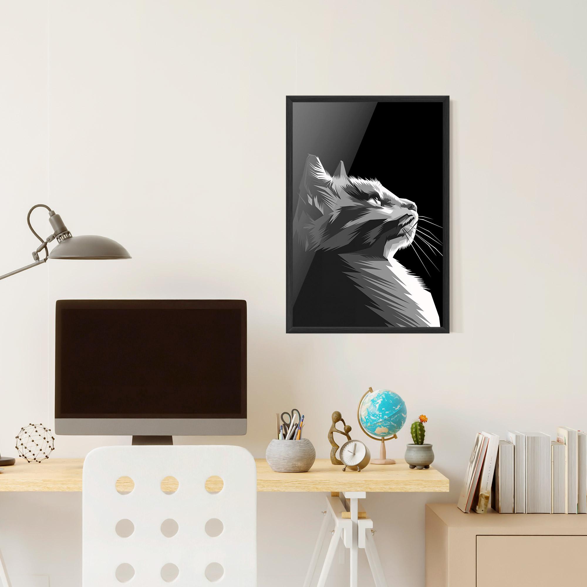 Poster Înrămat Grey Cat On Black mockup 6