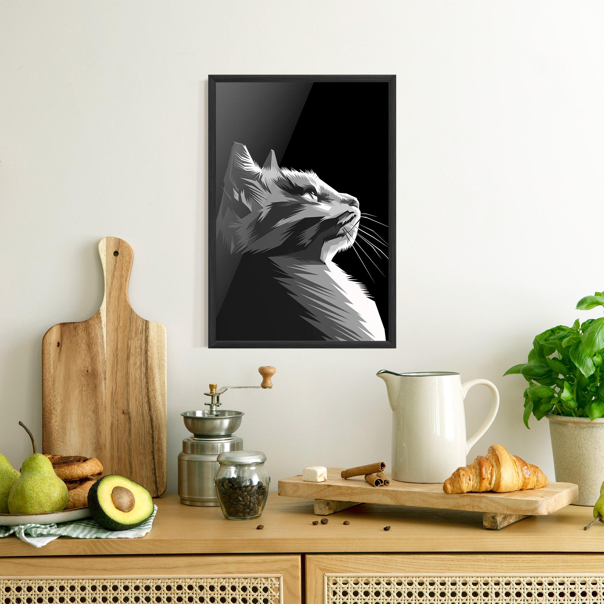 Poster Înrămat Grey Cat On Black mockup 8