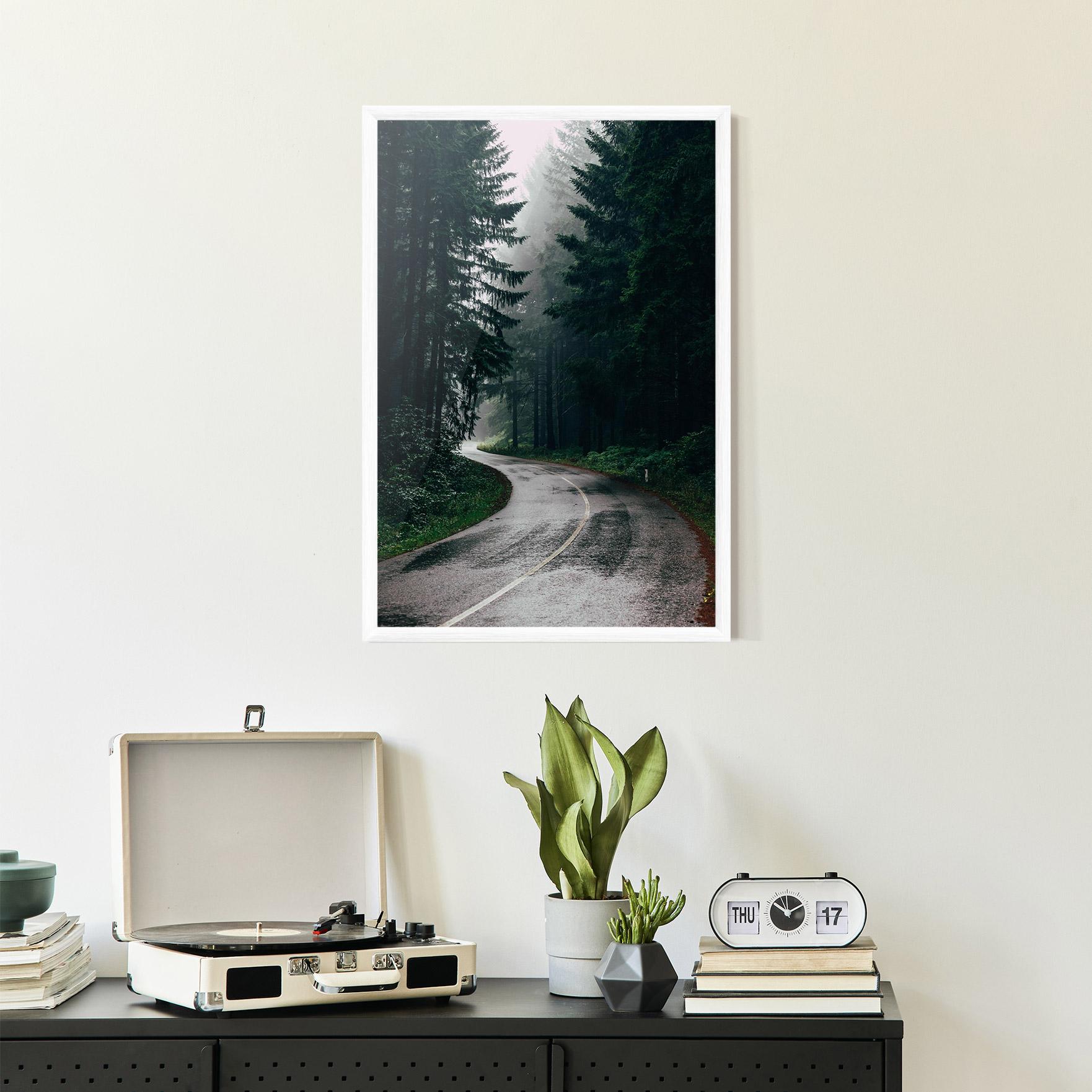 Poster Înrămat Rainy Road Forest mockup 2