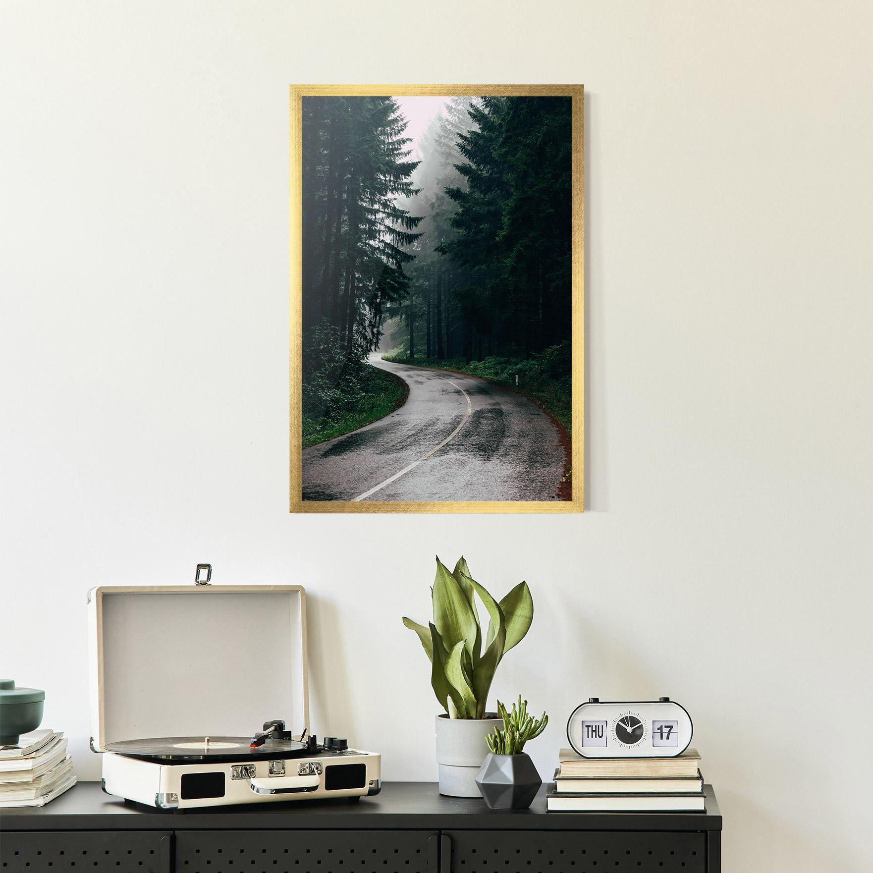 Poster Înrămat Rainy Road Forest mockup 2