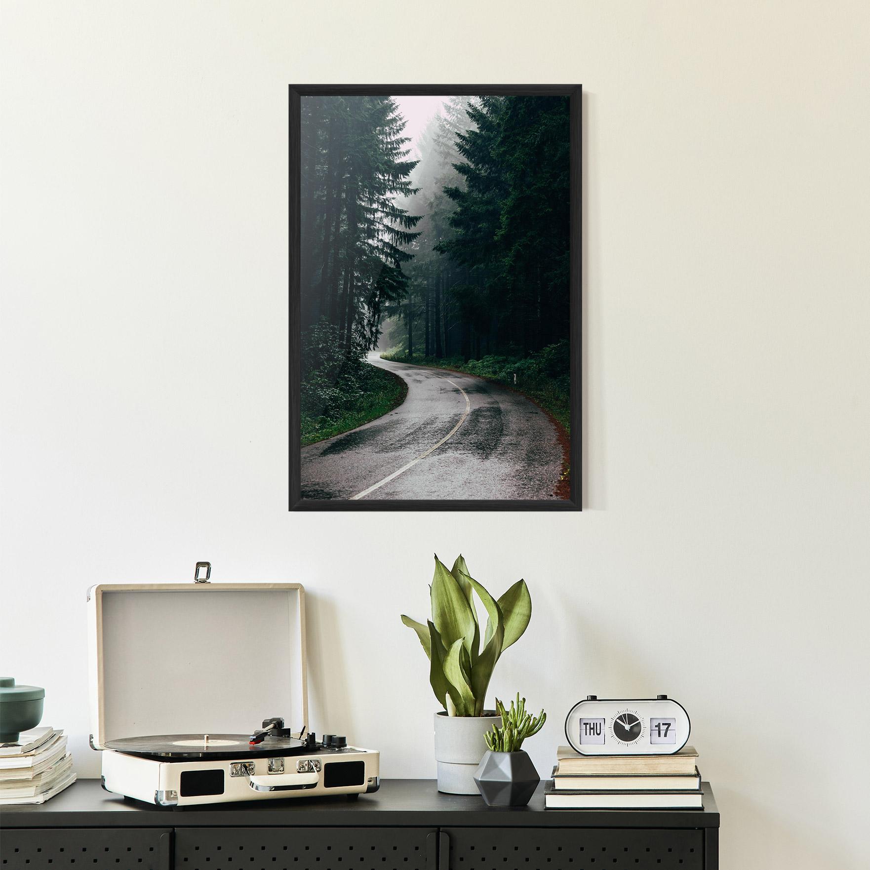 Poster Înrămat Rainy Road Forest mockup 2