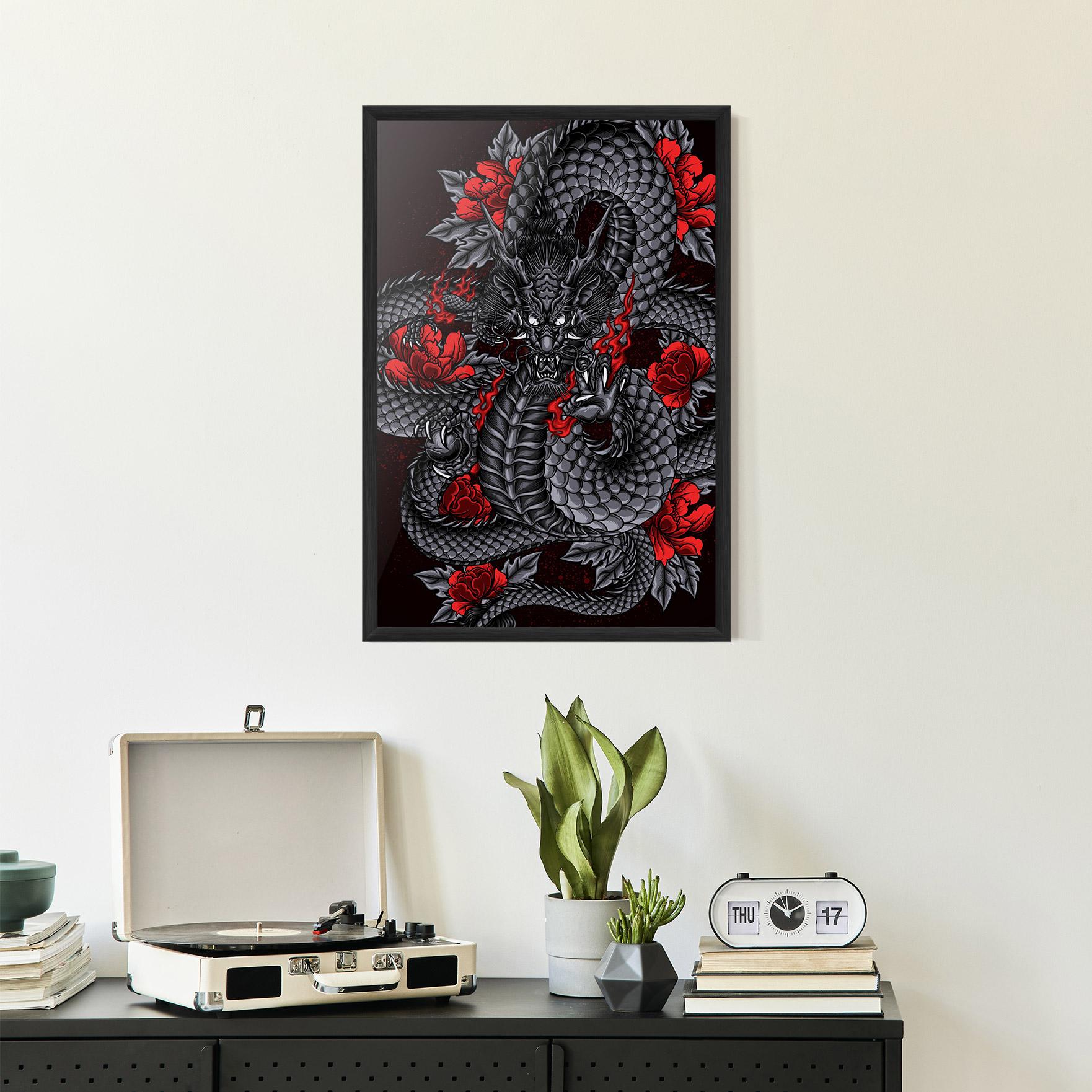 Poster Înrămat Red Flower Dragon mockup 2