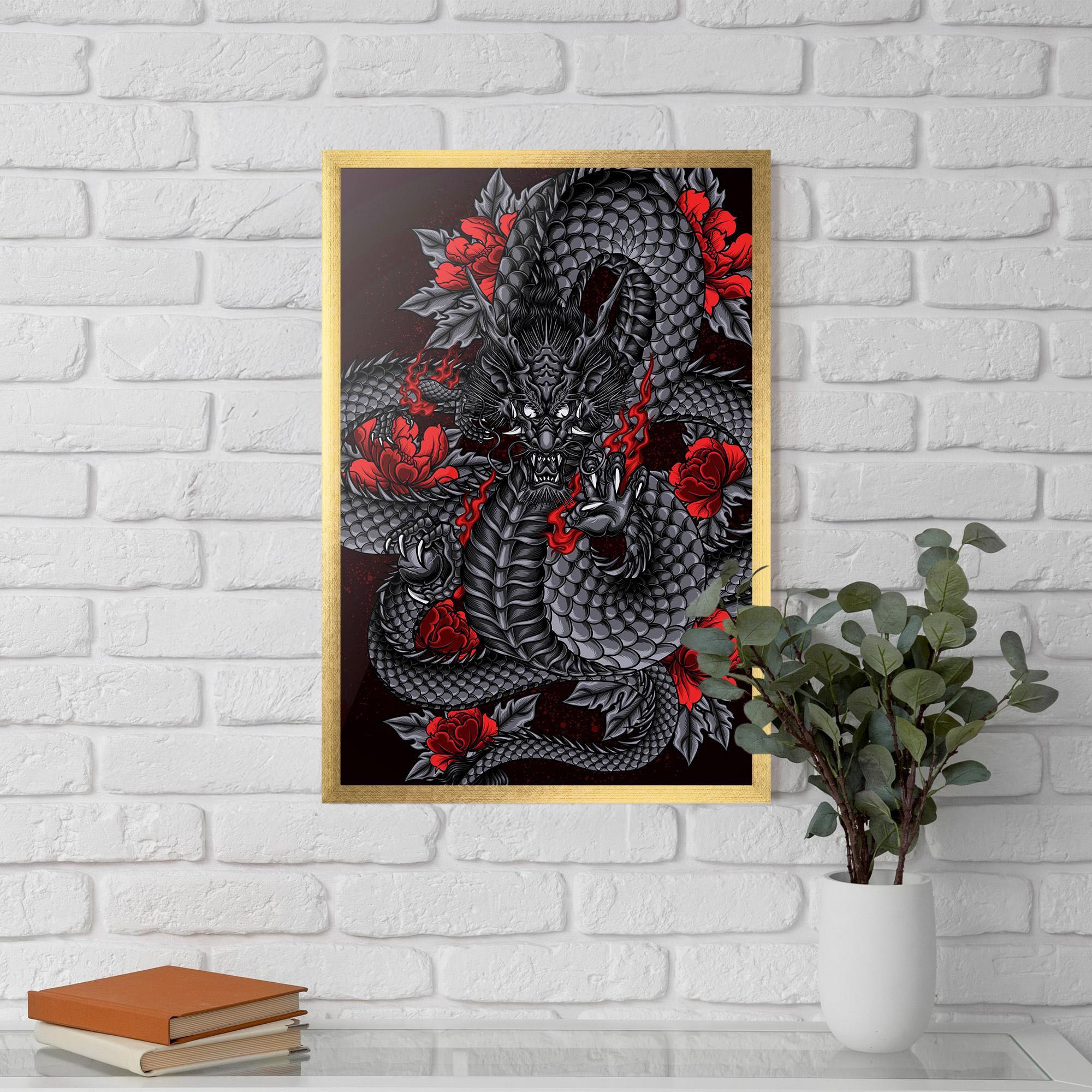 Poster Înrămat Red Flower Dragon mockup 5