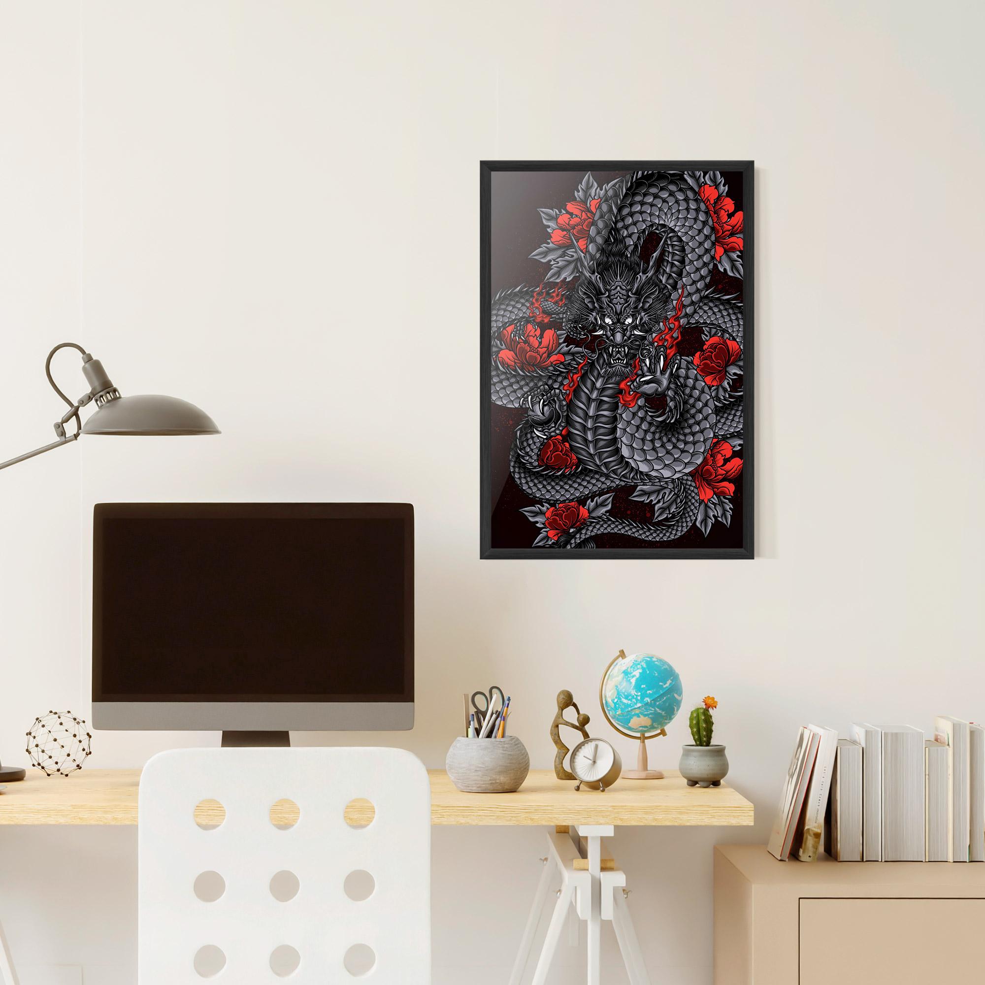 Poster Înrămat Red Flower Dragon mockup 6