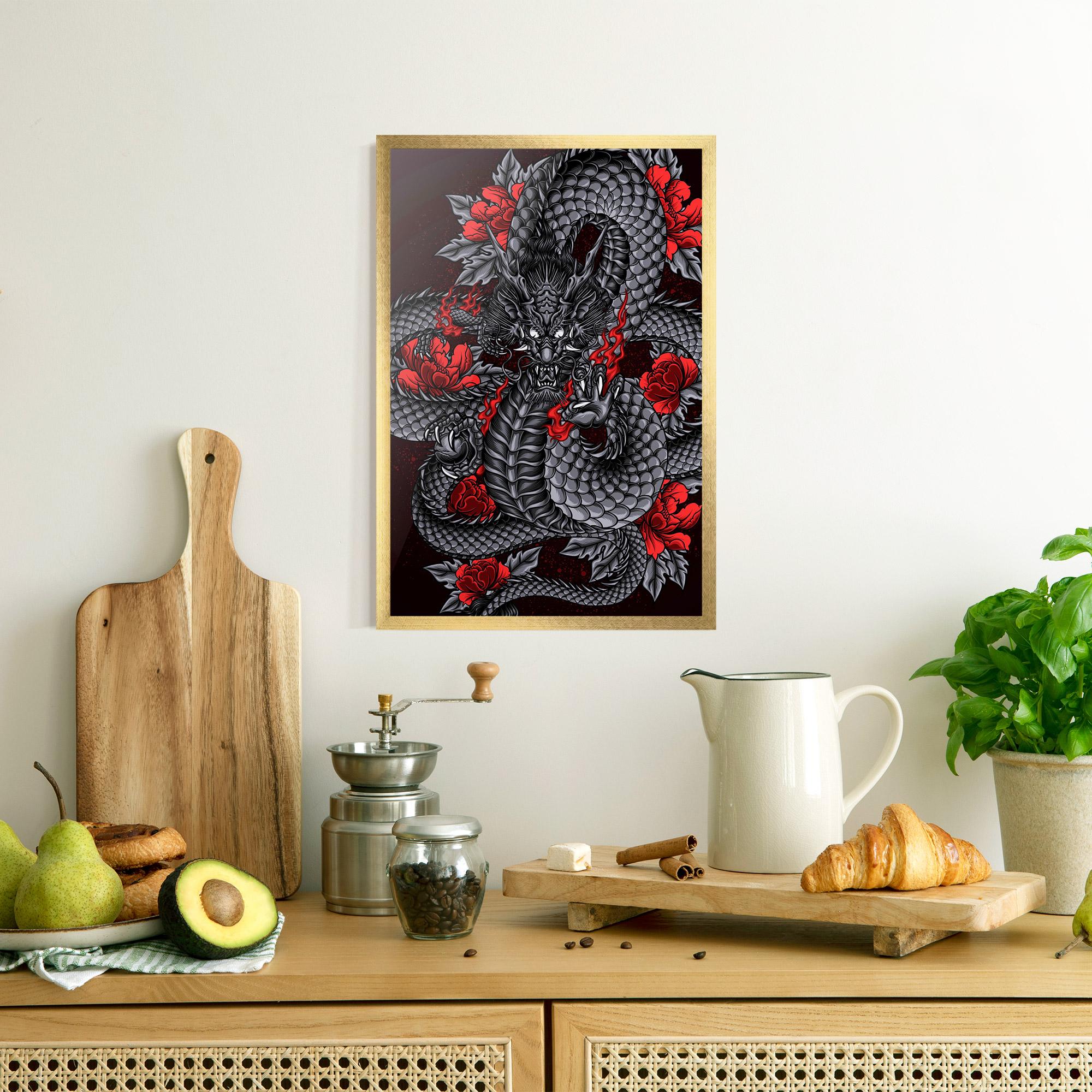 Poster Înrămat Red Flower Dragon mockup 8