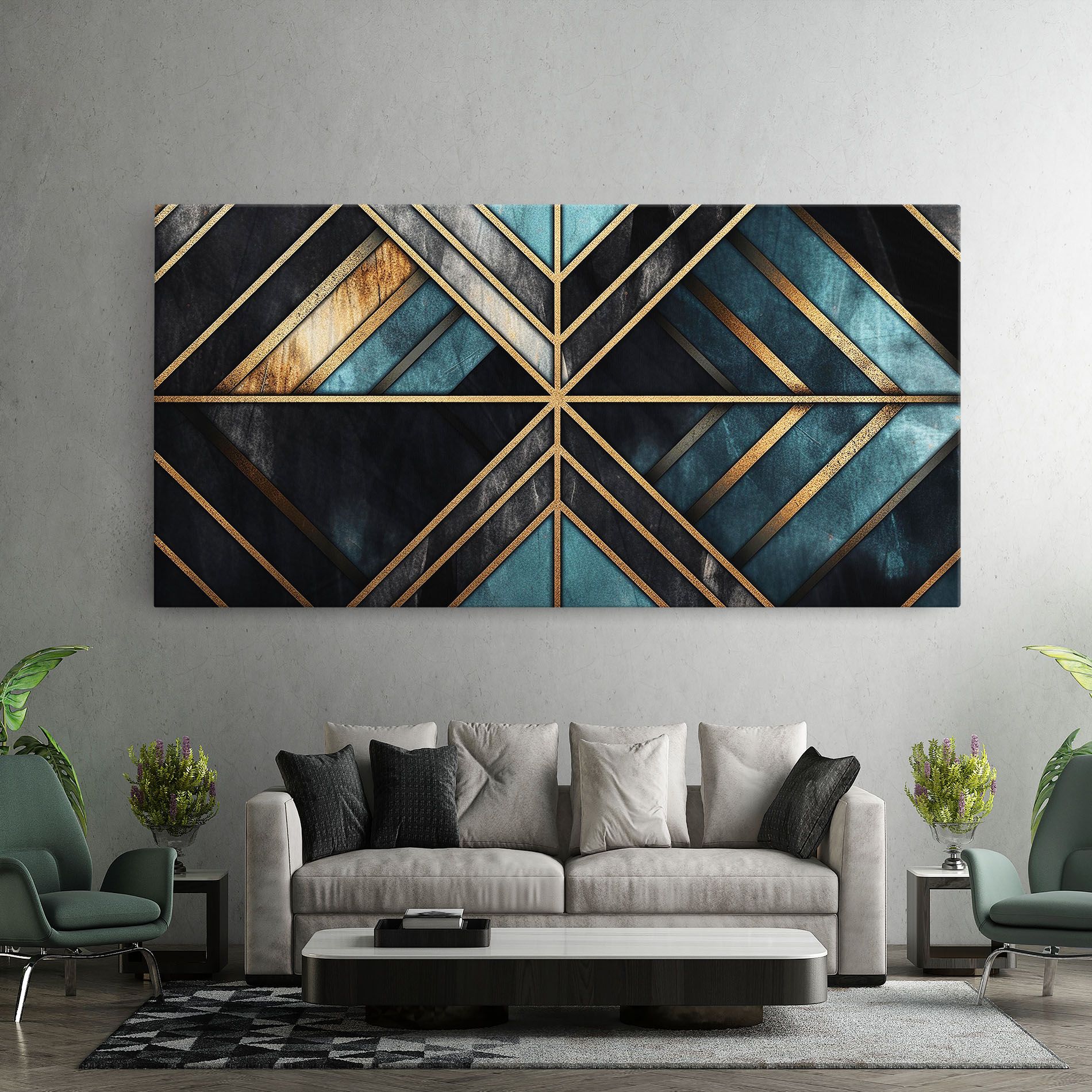 Gold Lines On Blue Painting mockup 7