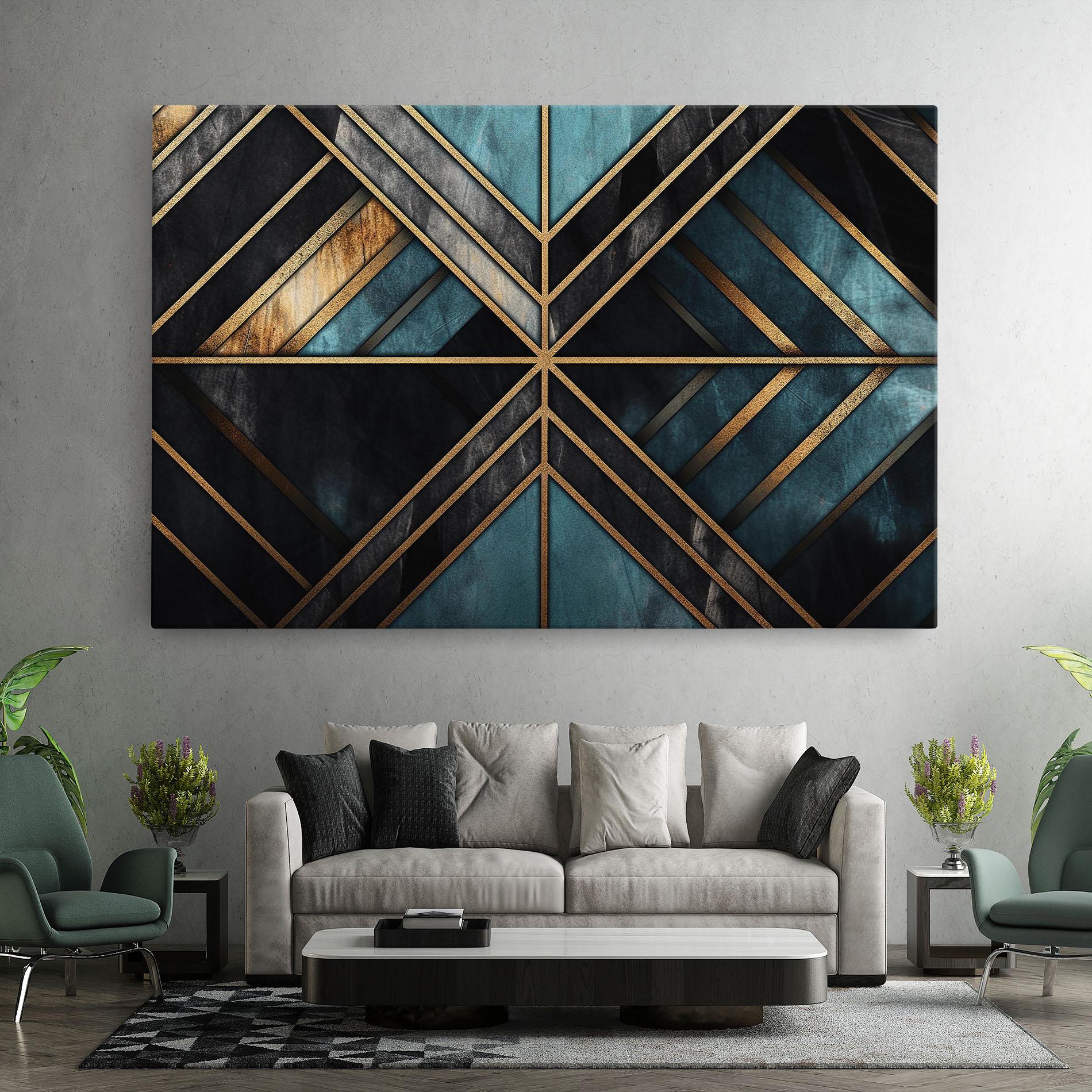 Tablou Canvas Gold Lines On Blue Painting mockup 7