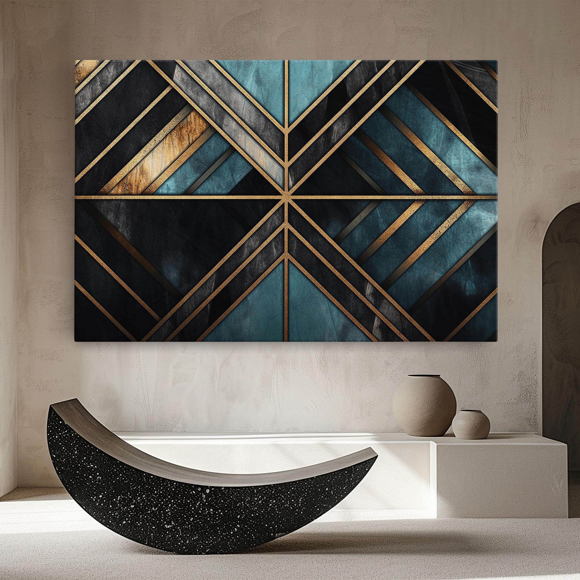 Tablou Canvas Gold Lines On Blue Painting mockup 8