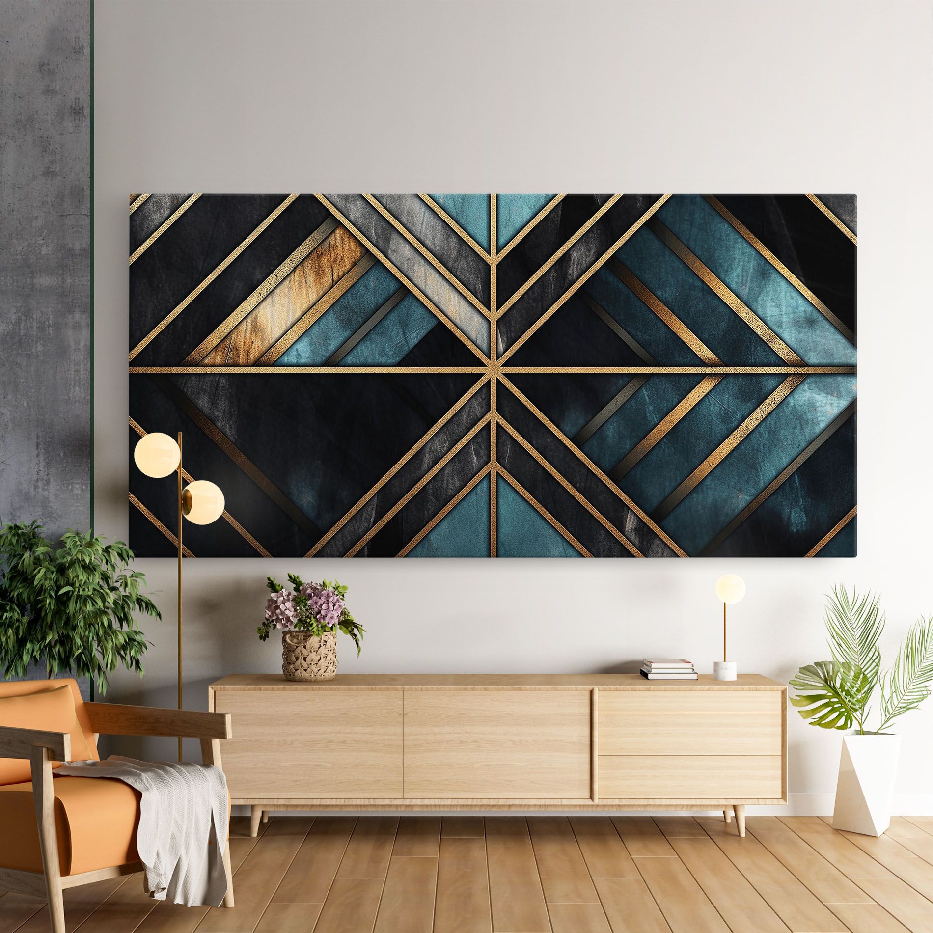 Gold Lines On Blue Painting mockup 9