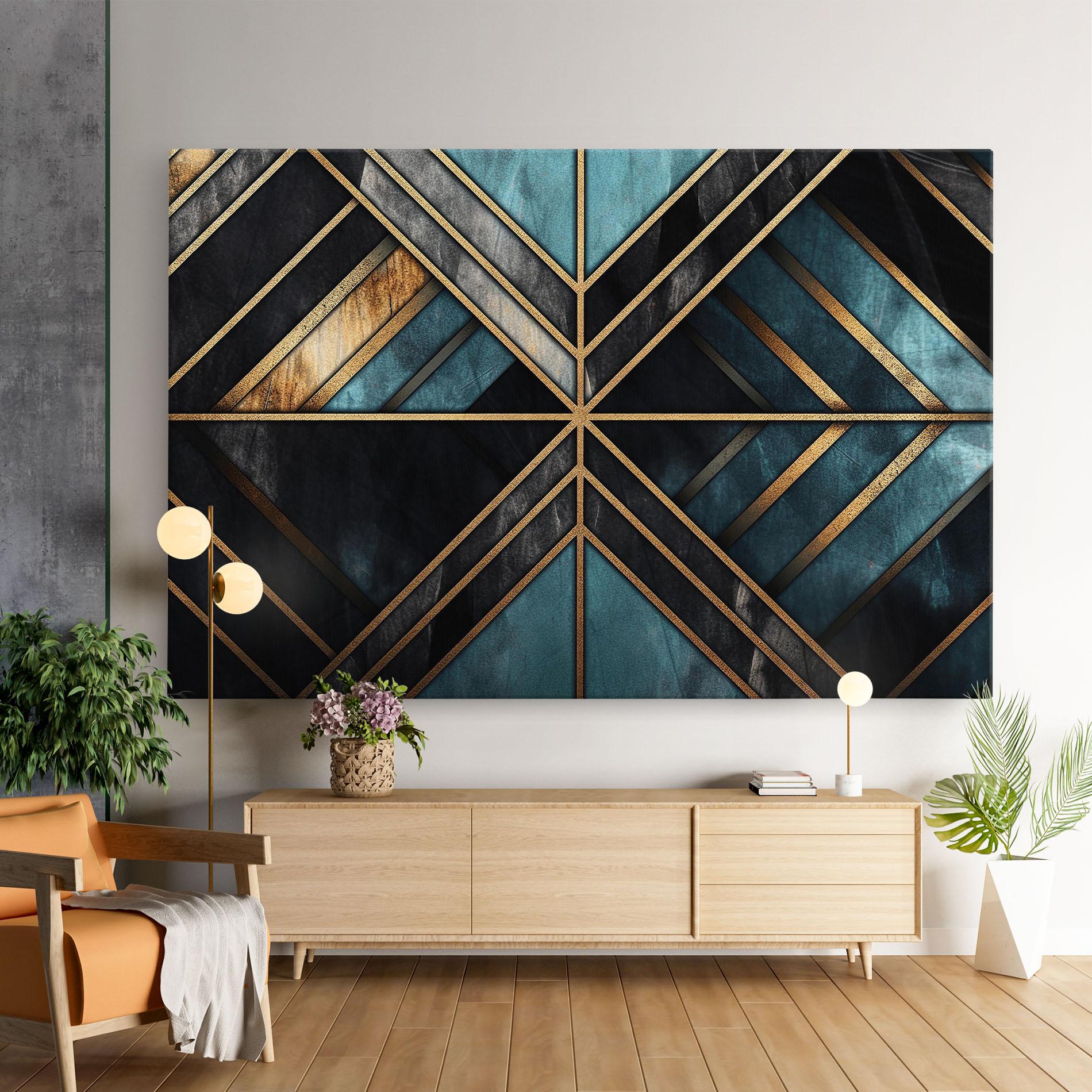 Tablou Canvas Gold Lines On Blue Painting mockup 9