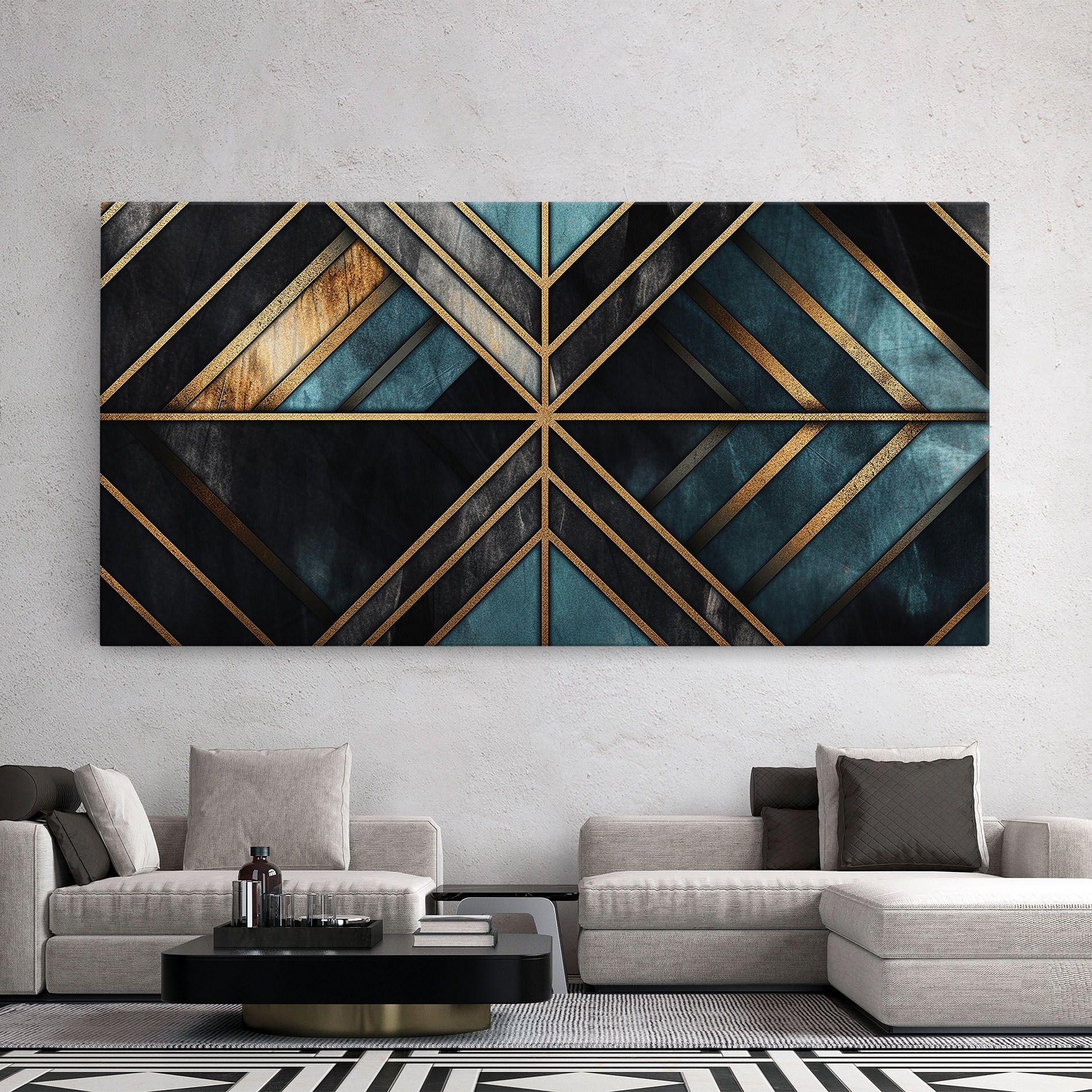 Gold Lines On Blue Painting mockup 2