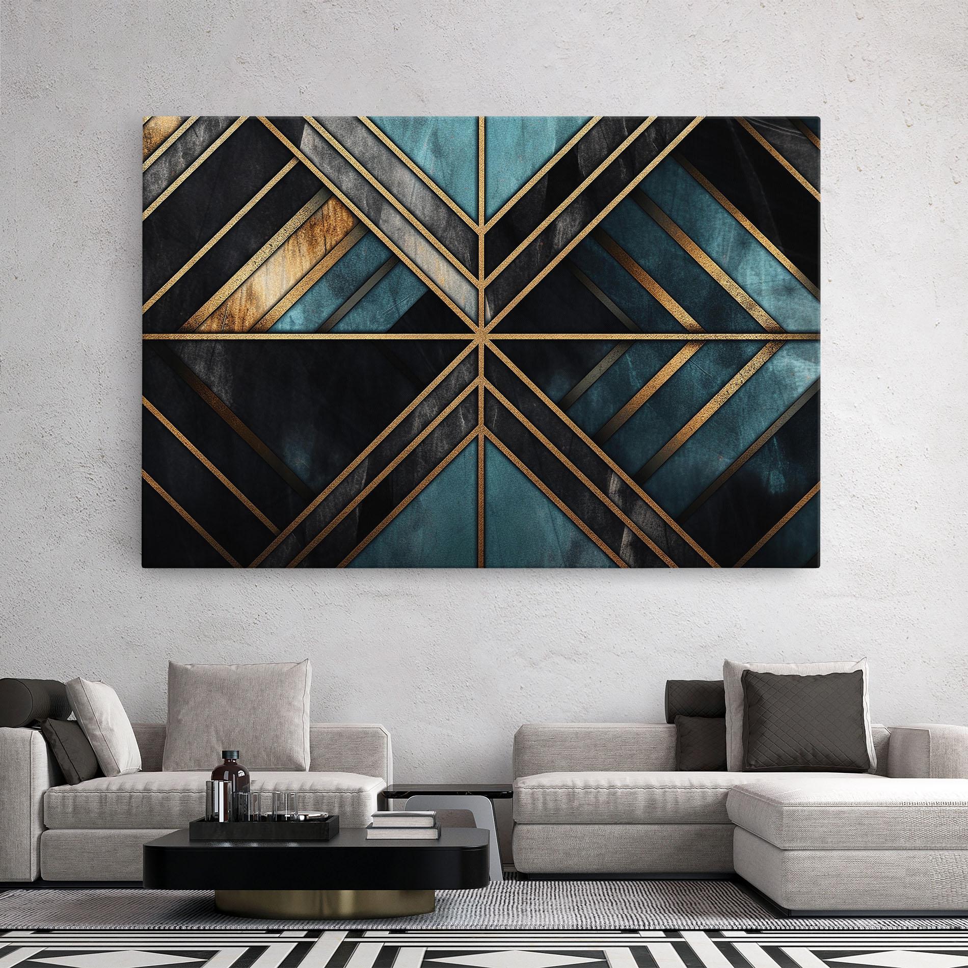 Tablou Canvas Gold Lines On Blue Painting mockup 2