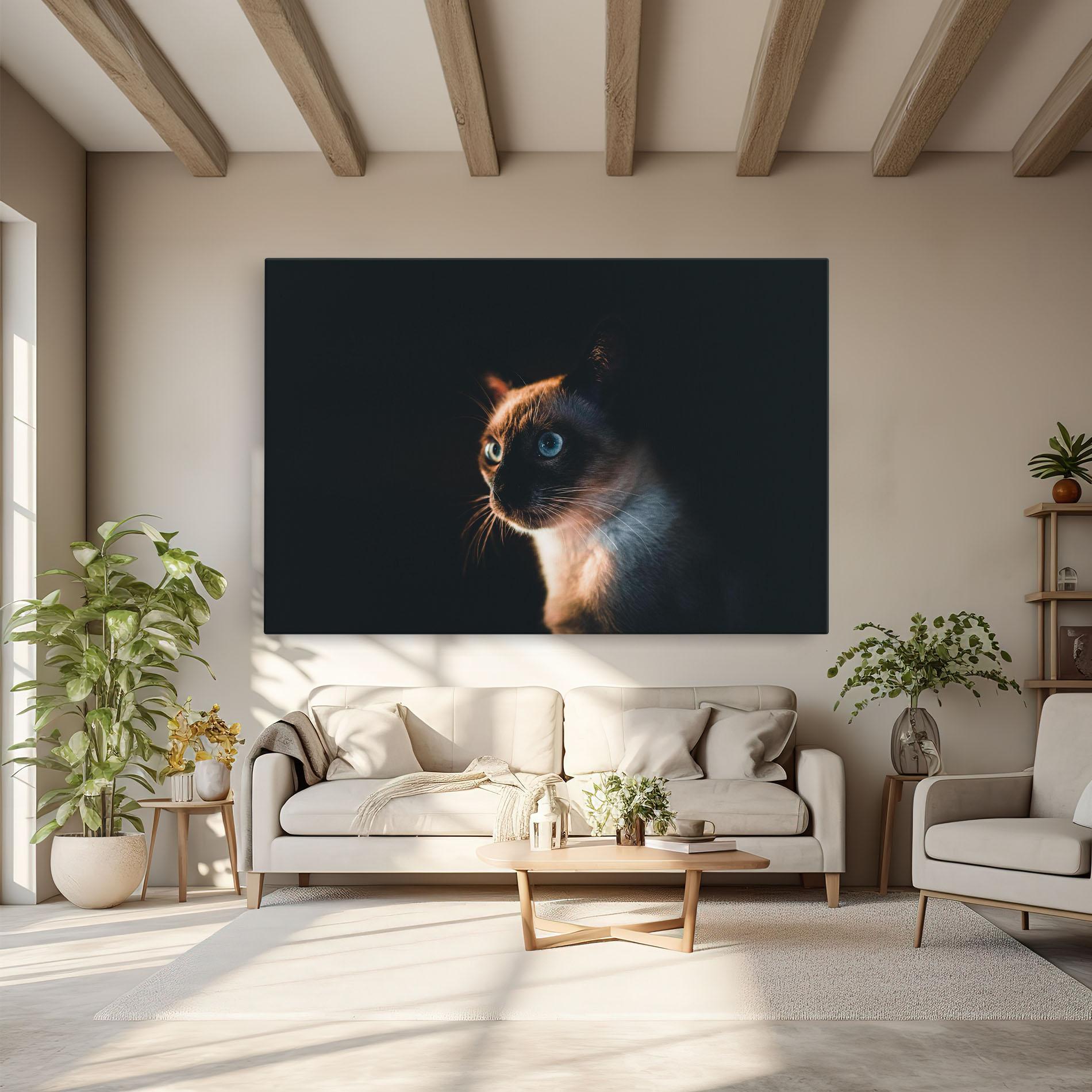 Tablou Canvas Blue Eyes Cat In Dark mockup 6