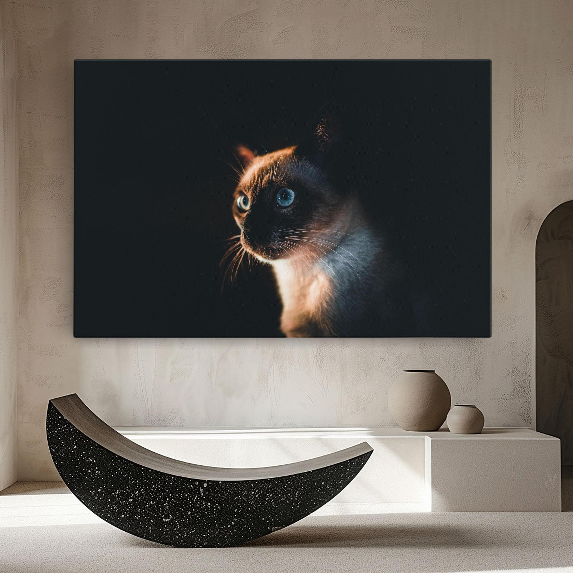 Tablou Canvas Blue Eyes Cat In Dark mockup 8