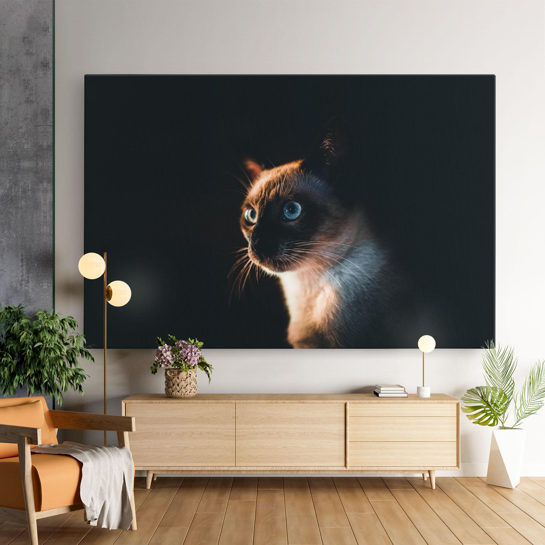 Tablou Canvas Blue Eyes Cat In Dark mockup 9