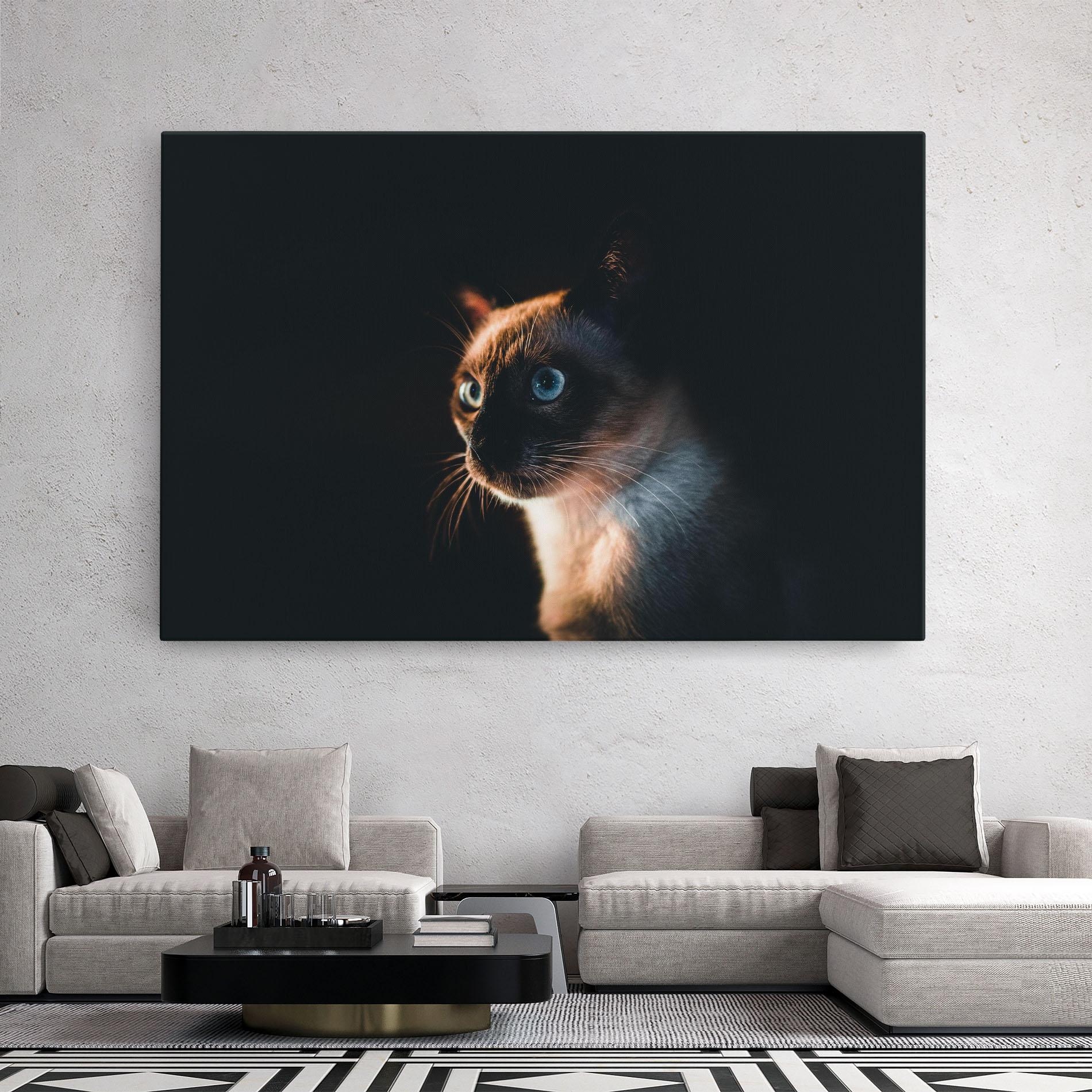 Tablou Canvas Blue Eyes Cat In Dark mockup 2