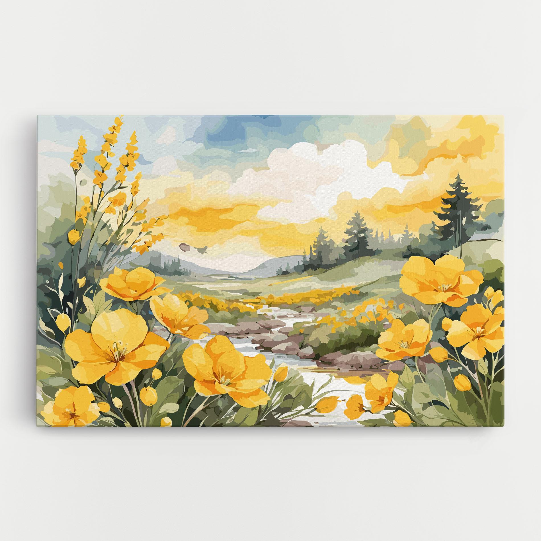 Tablou Canvas Vector_nature_landscape_with_beautiful_yellow_flowers_watercolor mockup 0