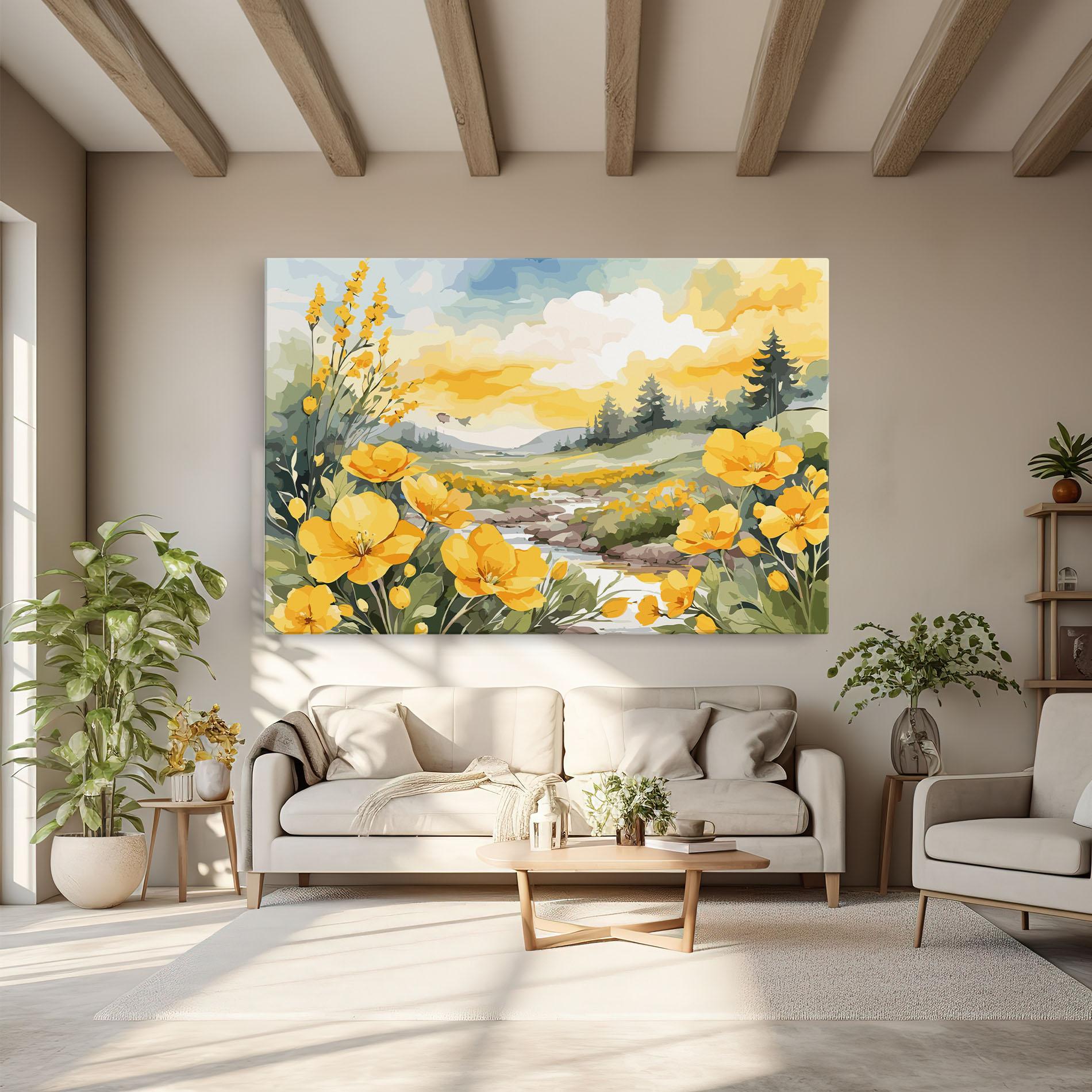 Tablou Canvas Vector_nature_landscape_with_beautiful_yellow_flowers_watercolor mockup 6