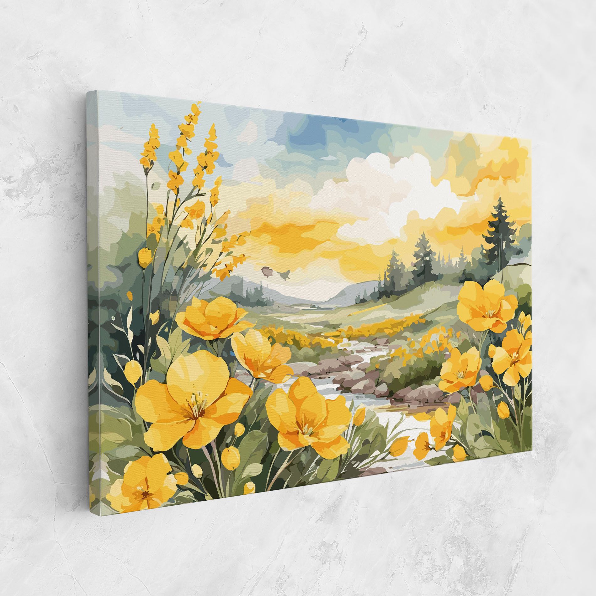 Vector_nature_landscape_with_beautiful_yellow_flowers_watercolor mockup 1
