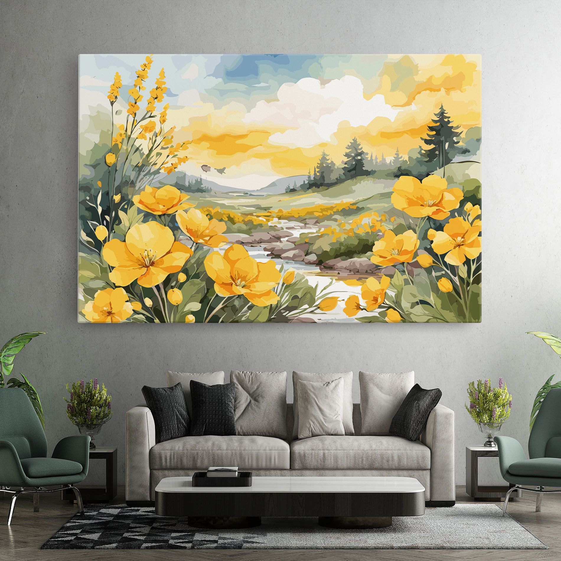 Vector_nature_landscape_with_beautiful_yellow_flowers_watercolor mockup 7