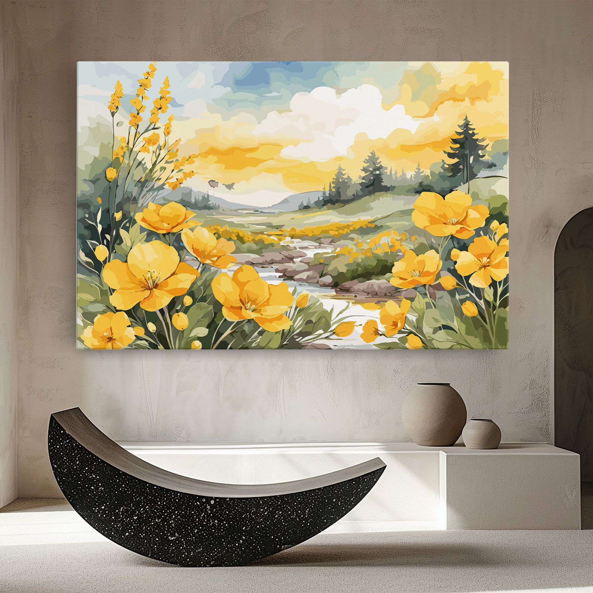 Vector_nature_landscape_with_beautiful_yellow_flowers_watercolor mockup 8
