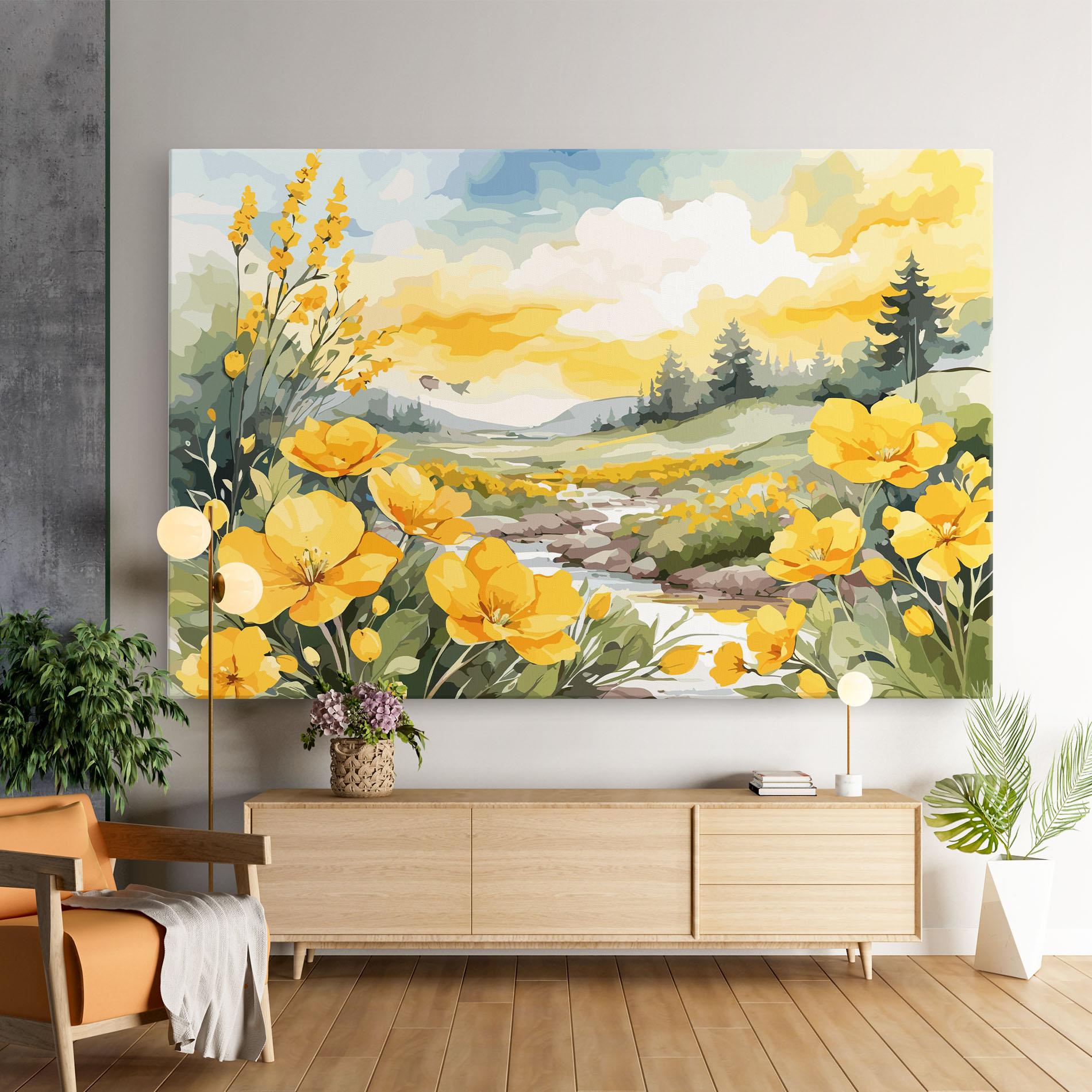 Tablou Canvas Vector_nature_landscape_with_beautiful_yellow_flowers_watercolor mockup 9