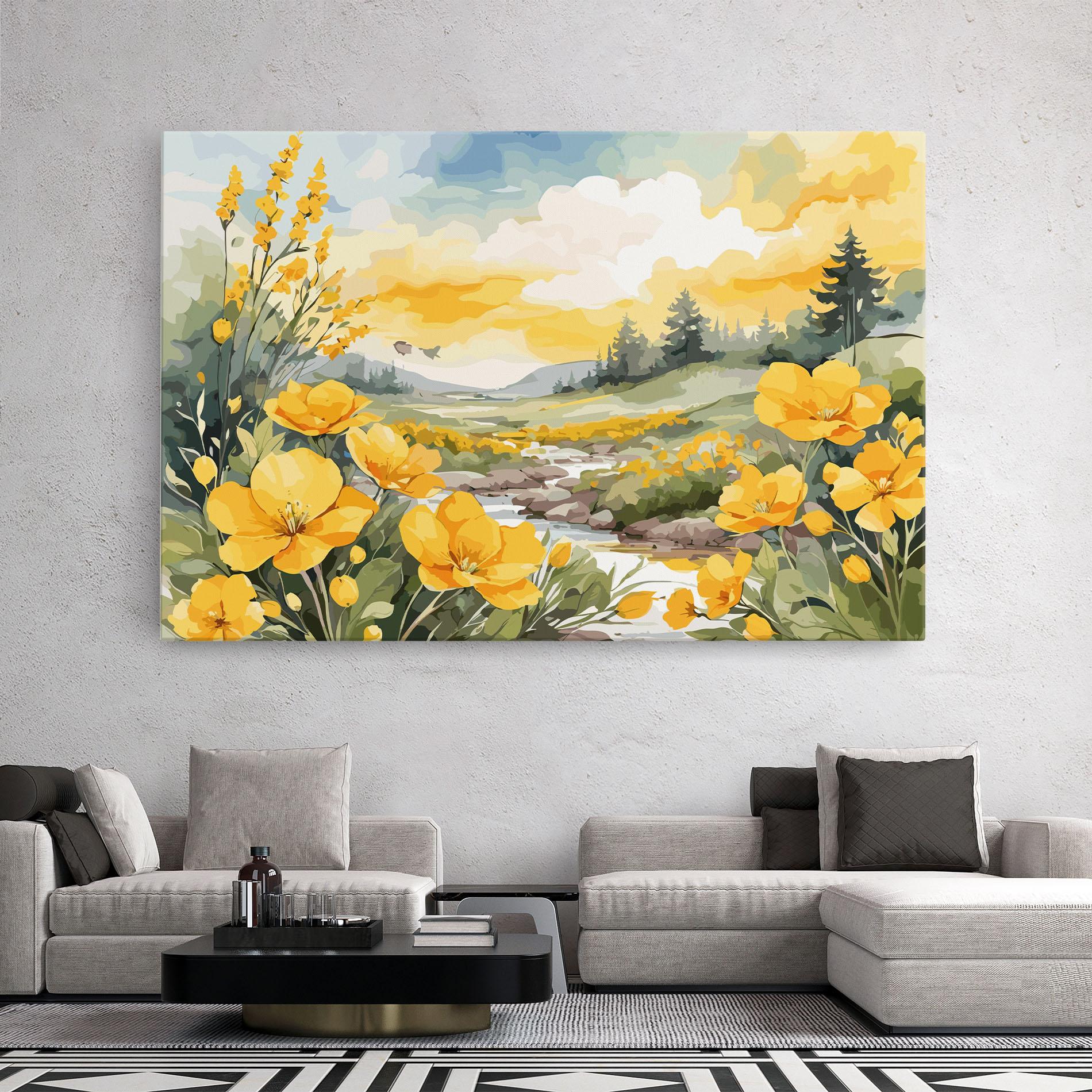 Tablou Canvas Vector_nature_landscape_with_beautiful_yellow_flowers_watercolor mockup 2